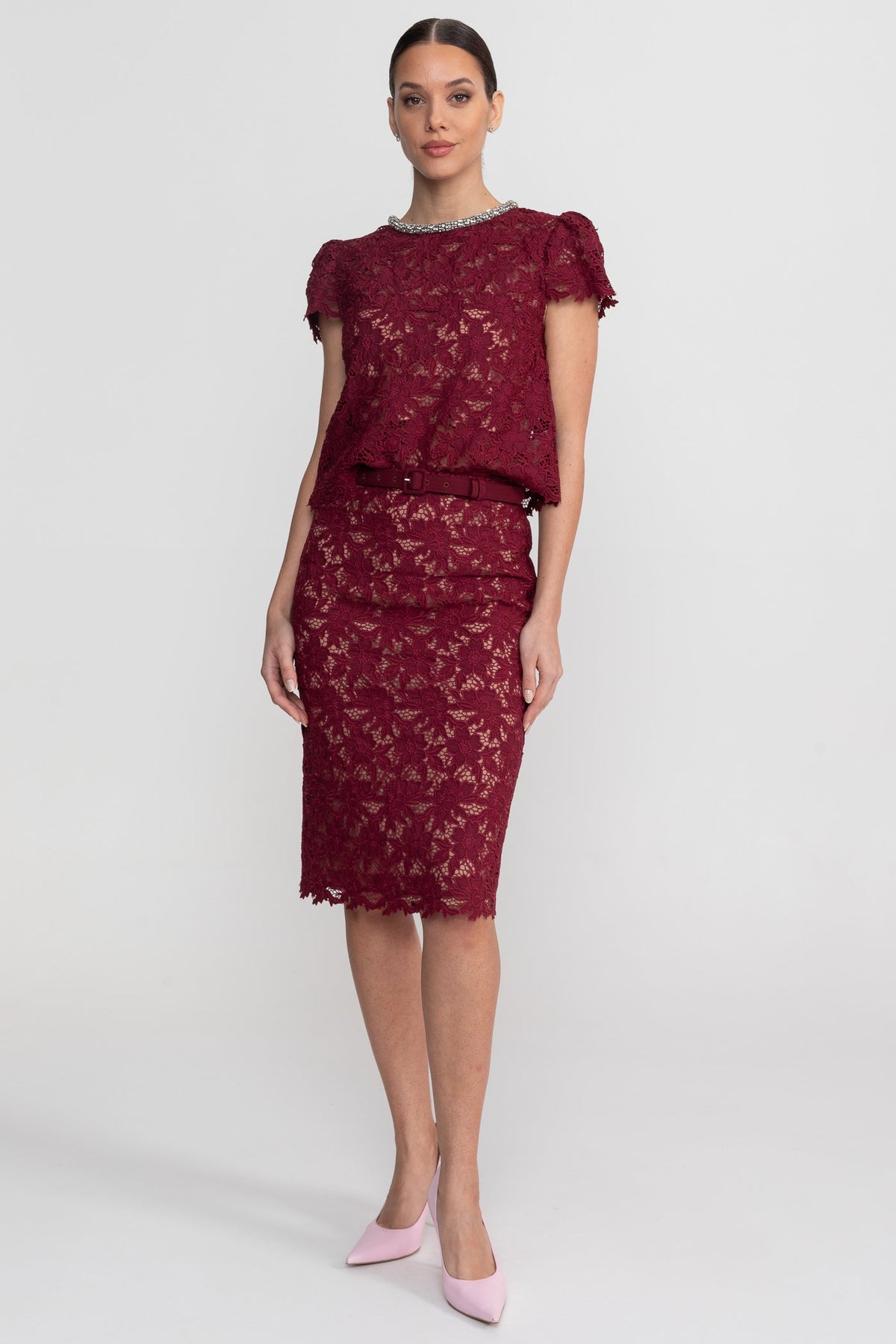 Lace Co-Ord Set With Short Sleeve Top And Crystal Embellished Neckline - Burgundy