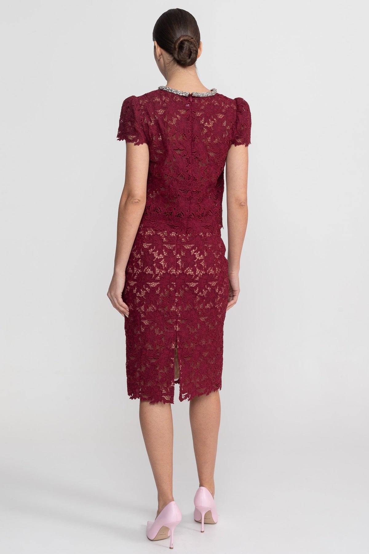 Lace Co-Ord Set With Short Sleeve Top And Crystal Embellished Neckline - Burgundy