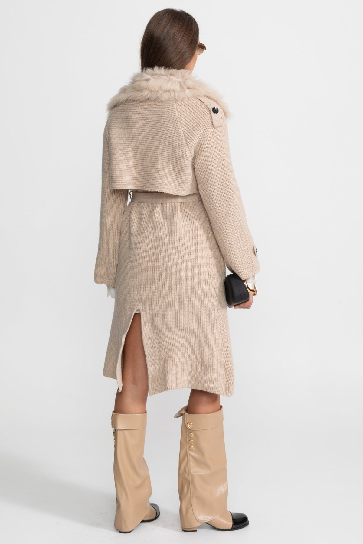 Ariadne Beige Double-Breasted Wool Knit Overcoat With Fur Trim