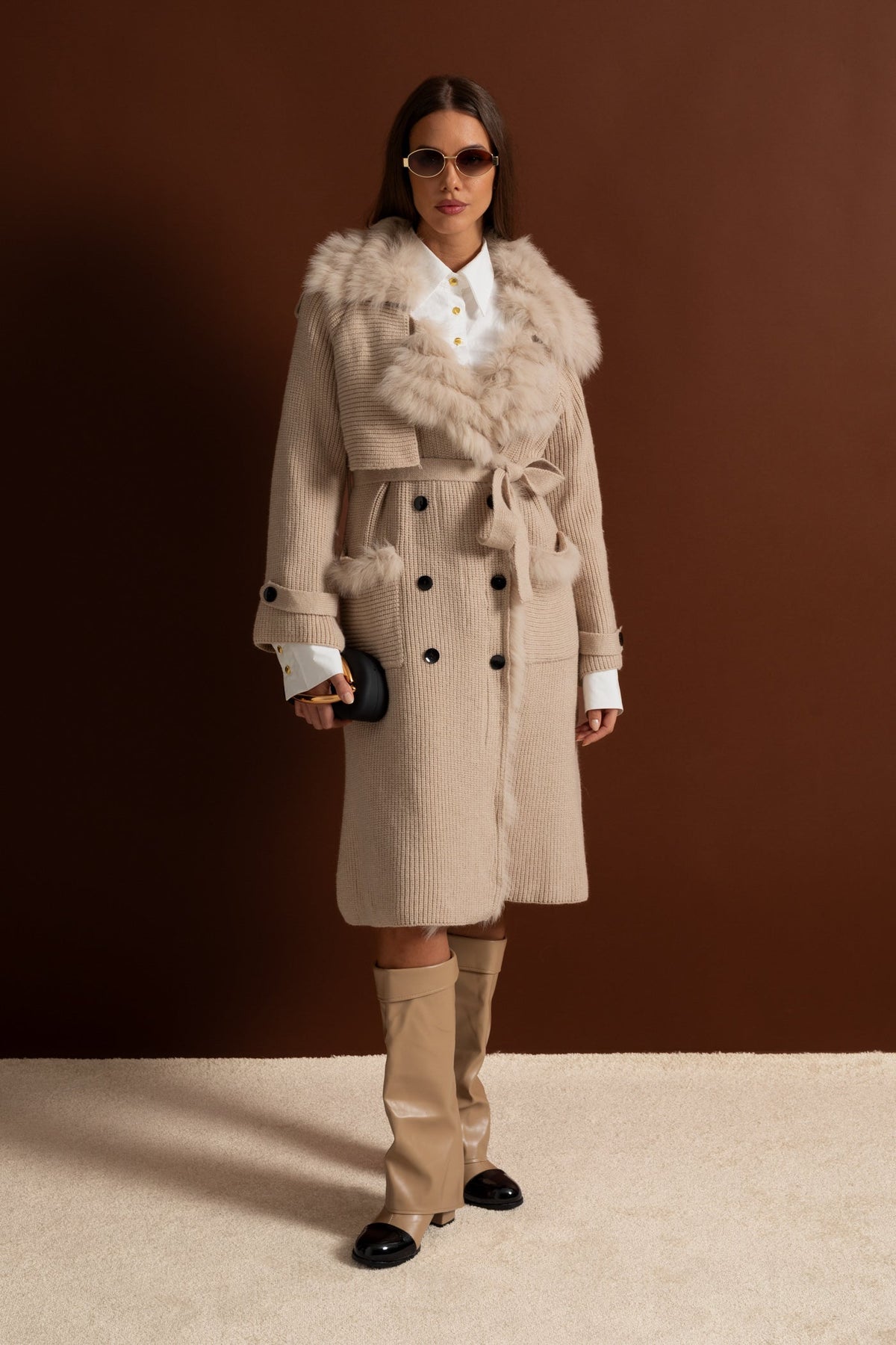 Ariadne Beige Double-Breasted Wool Knit Overcoat With Fur Trim