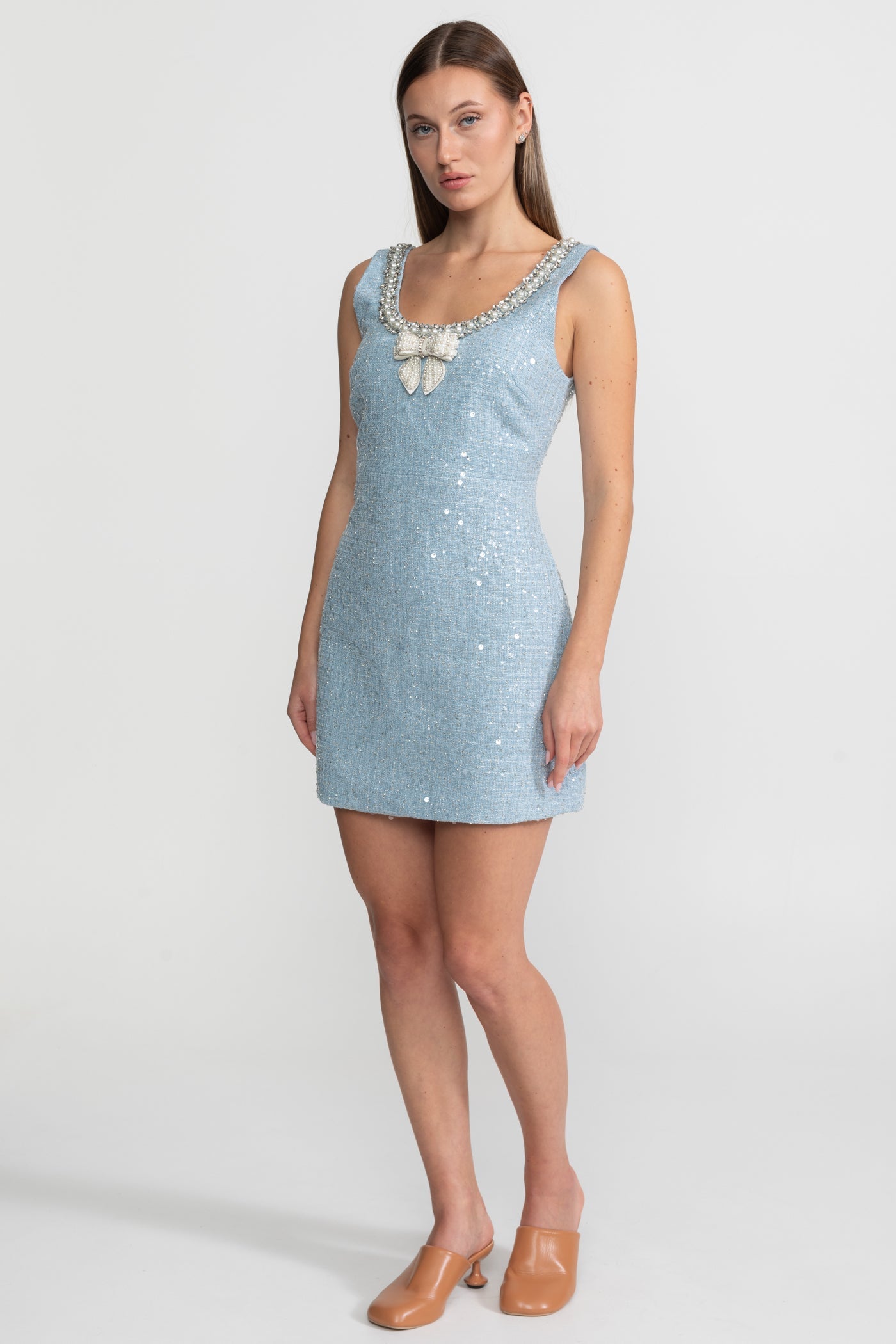 Embellished Tweed Mini Dress With Pearl Bow – Sky Blue