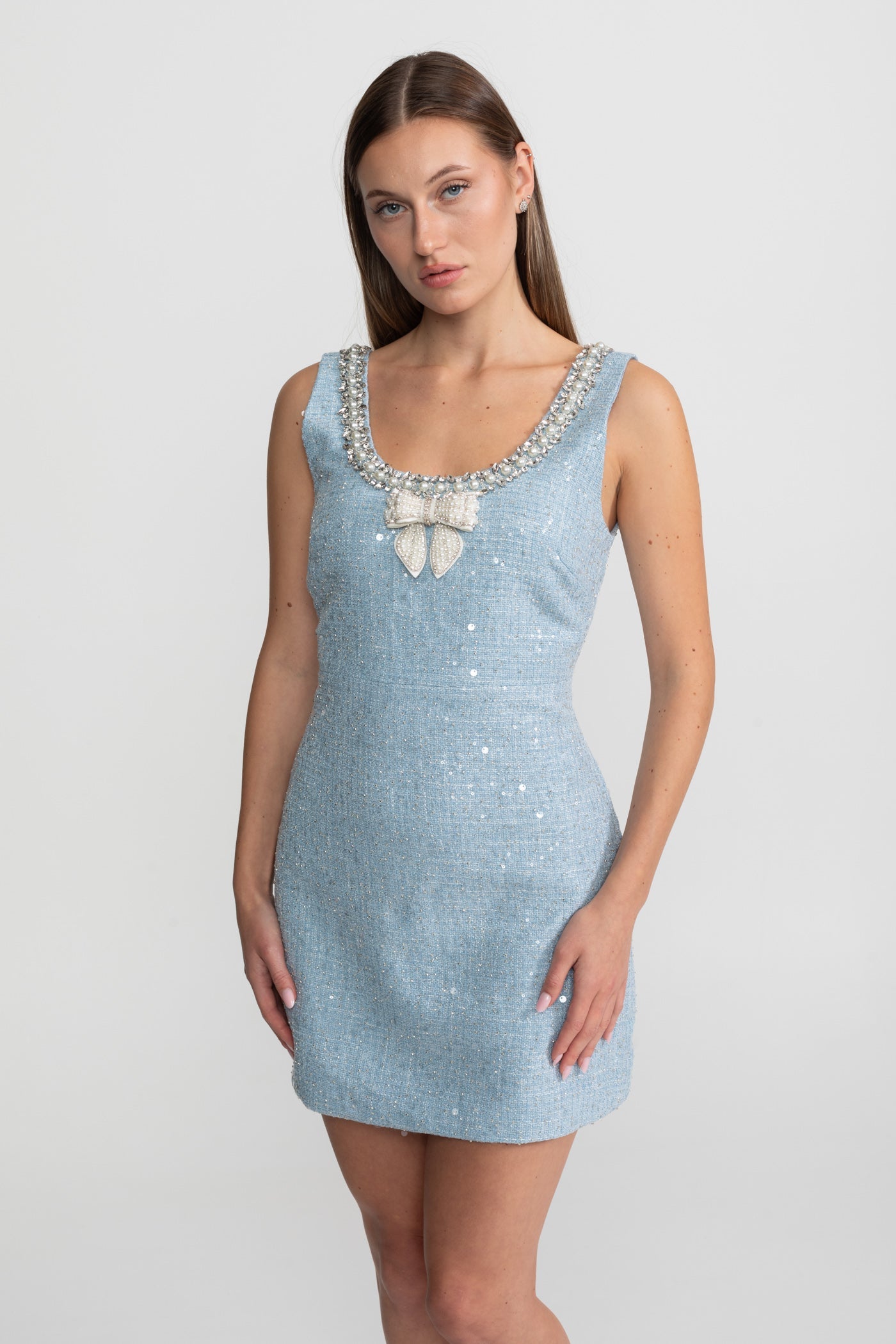 Embellished Tweed Mini Dress With Pearl Bow – Sky Blue