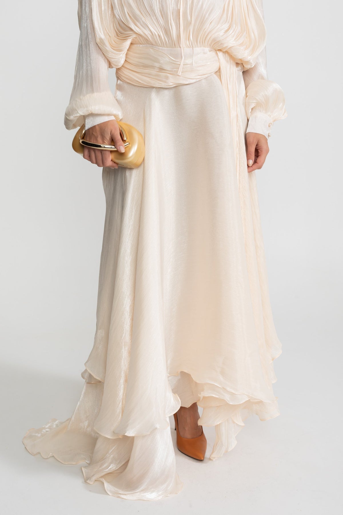 Maxi Dress with Pleated Bodice and Draped Skirt - Ivoire