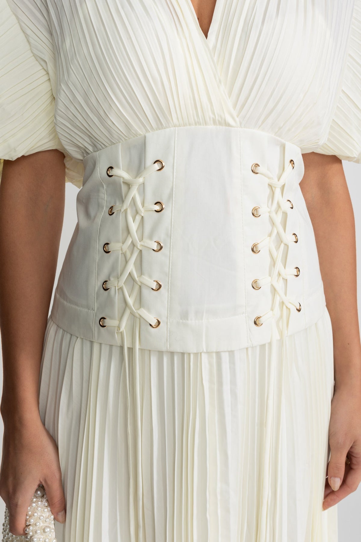Pleated Maxi Dress with Corset Waist Detail - Ivoire