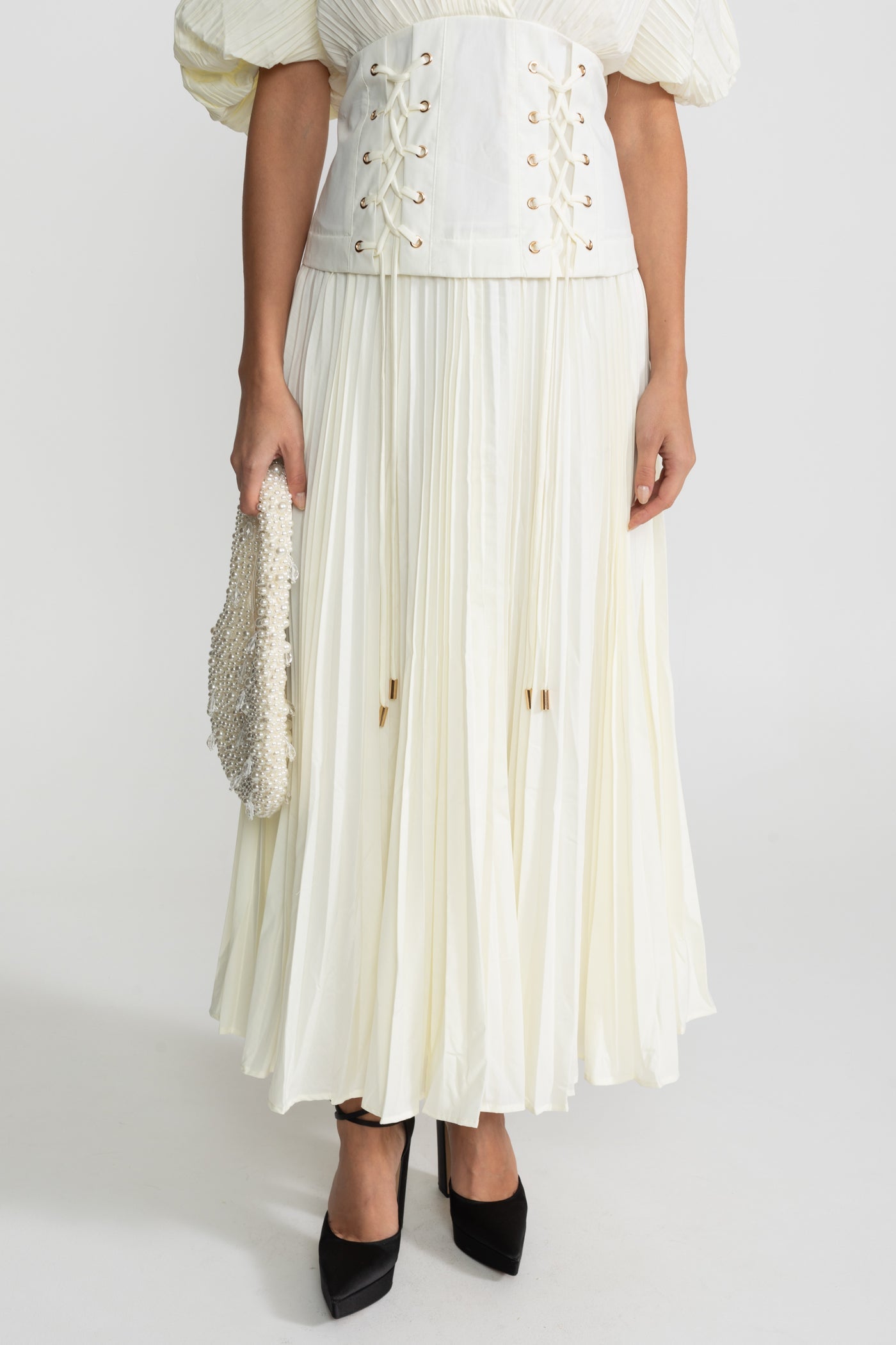 Pleated Maxi Dress with Corset Waist Detail - Ivoire