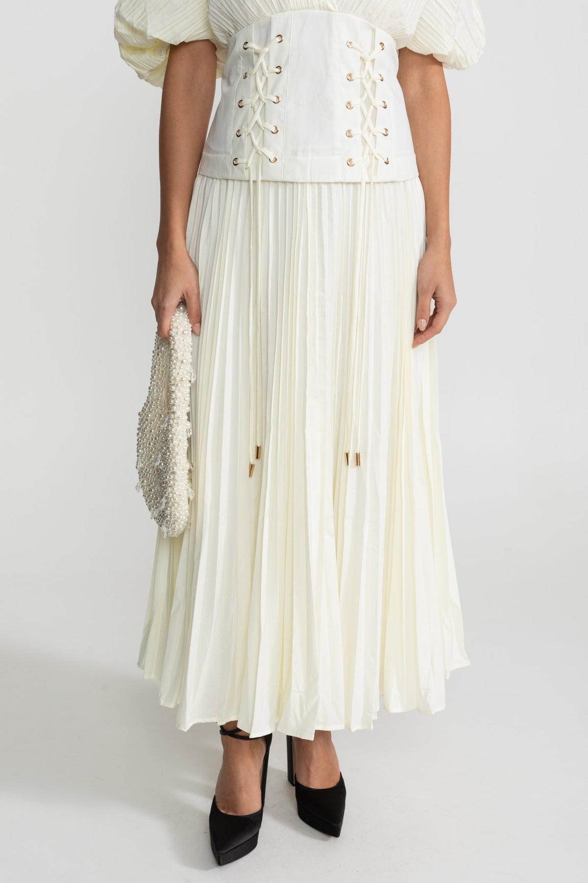 Pleated Maxi Dress with Corset Waist Detail - Ivoire