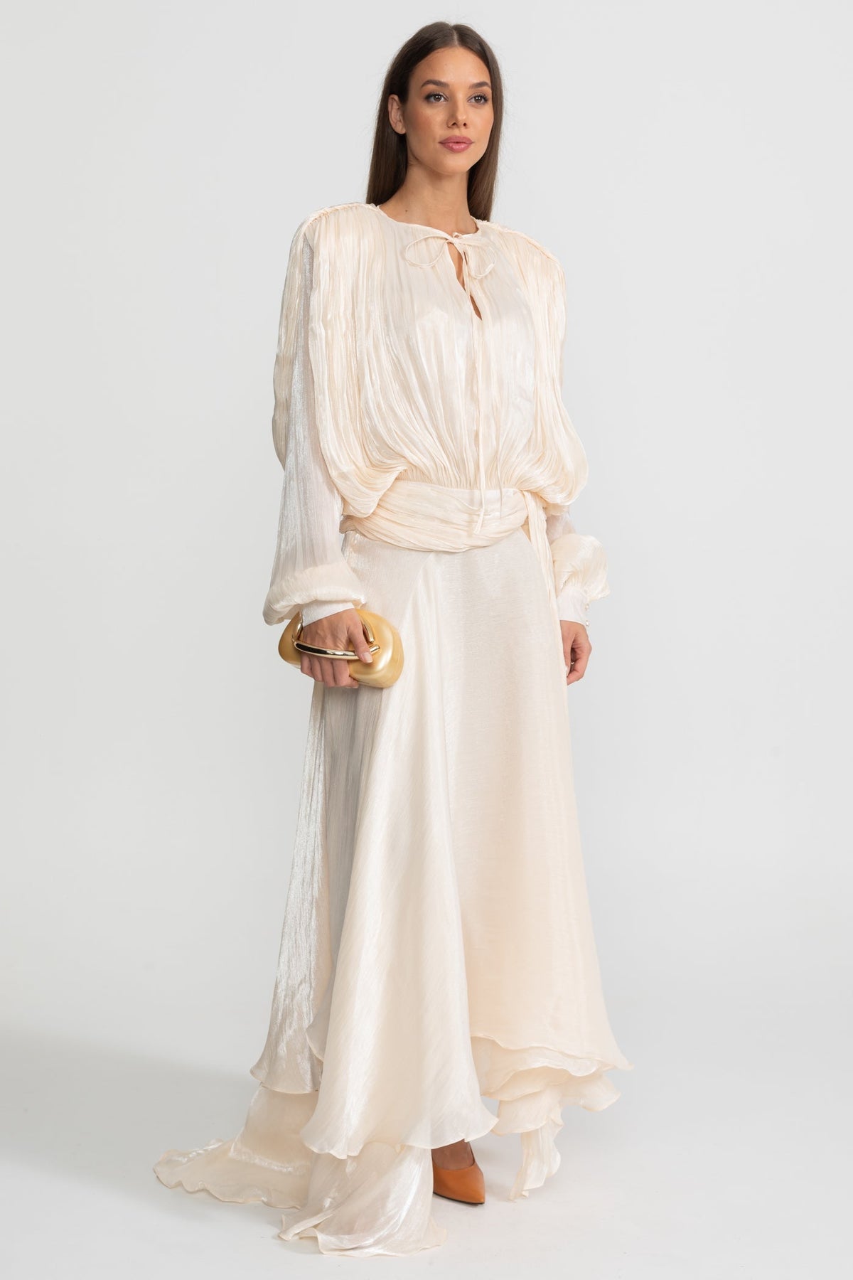 Maxi Dress with Pleated Bodice and Draped Skirt - Ivoire