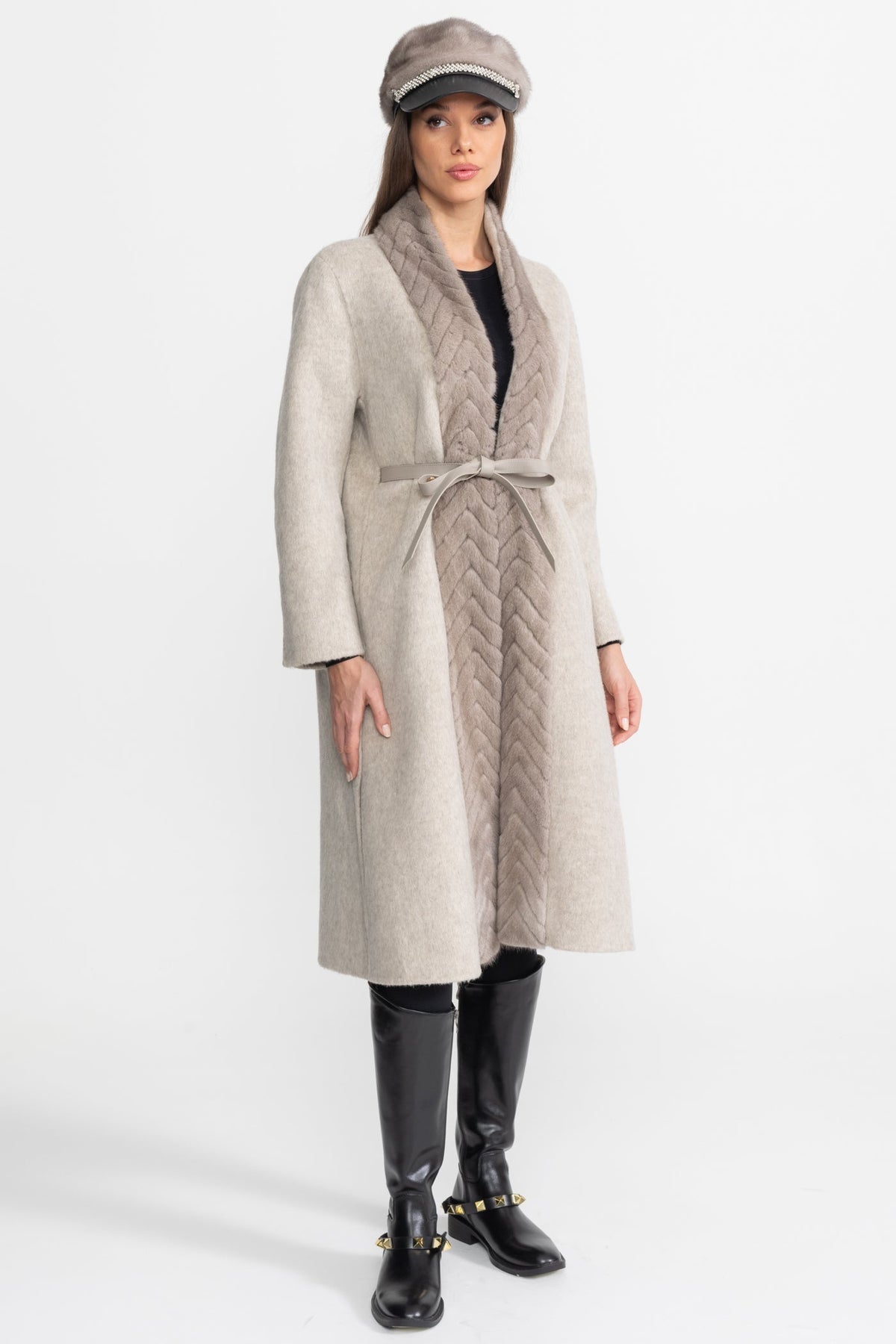 Wool Blend Belted Coat with Textured Sable Fur Panel – Beige