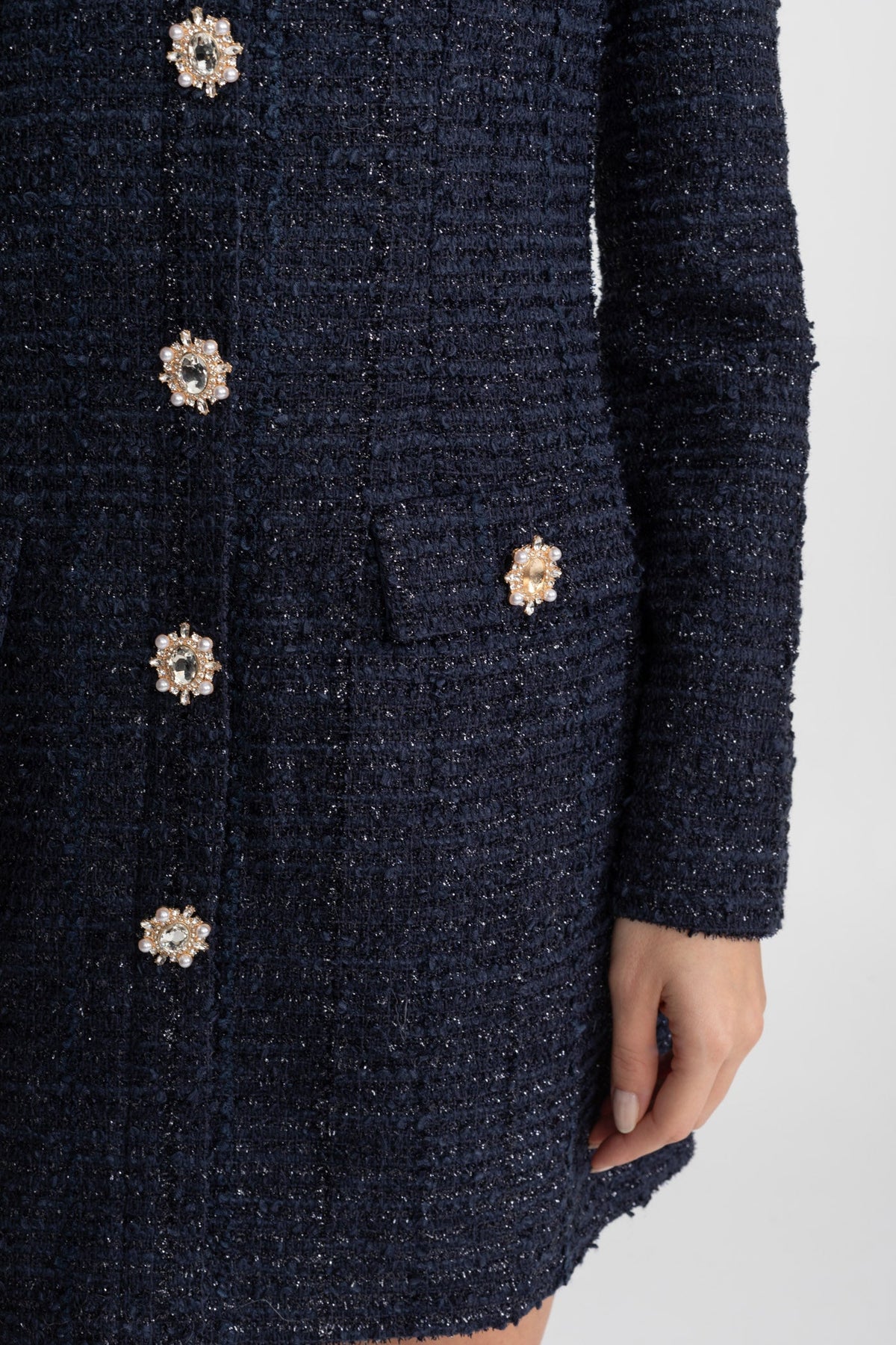 Daphne Navy Textured Tweed Mini Dress with Crystal Button Embellishments