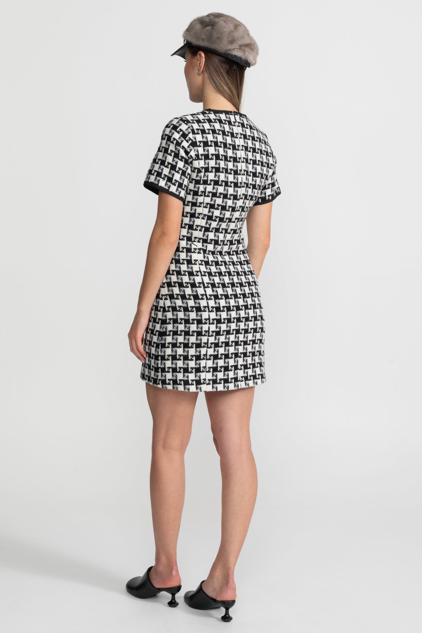 Sybille Black And White Velvet Bow Tweed Mini Dress With Check Pattern