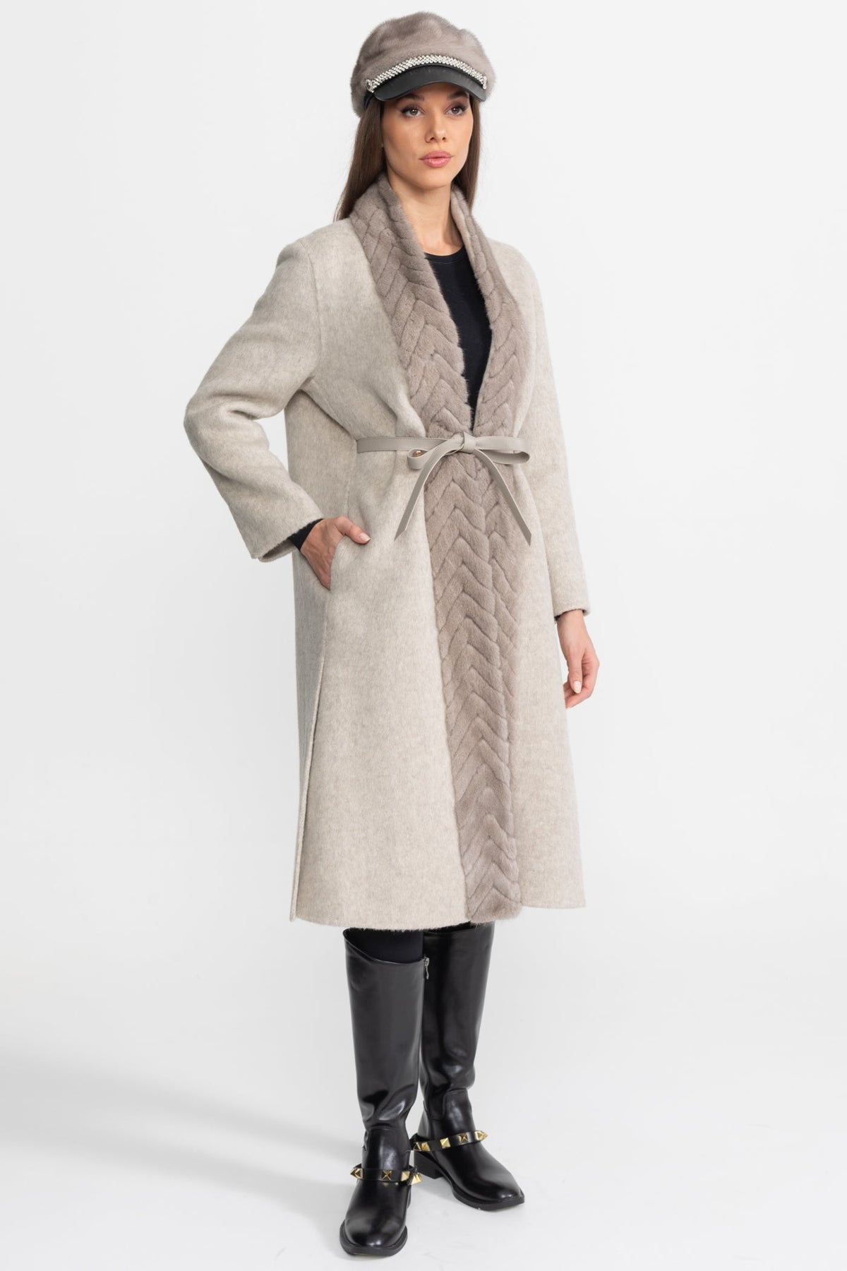 Wool Blend Belted Coat with Textured Sable Fur Panel – Beige