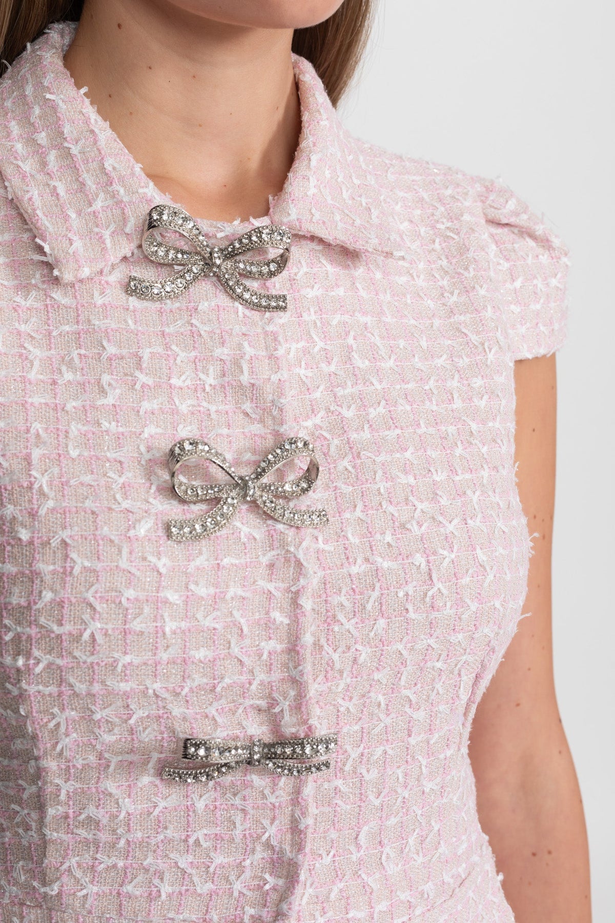 Flavie Pink Tweed and Organza Co-ord Set with Crystal Bow Buttons