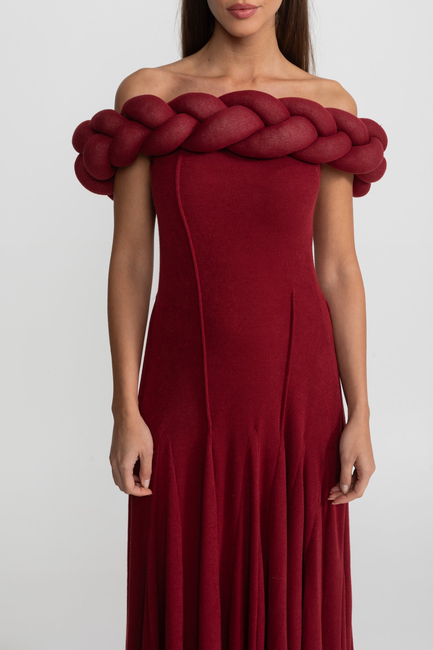 Off-Shoulder Braided Neckline Maxi Dress – Deep Red