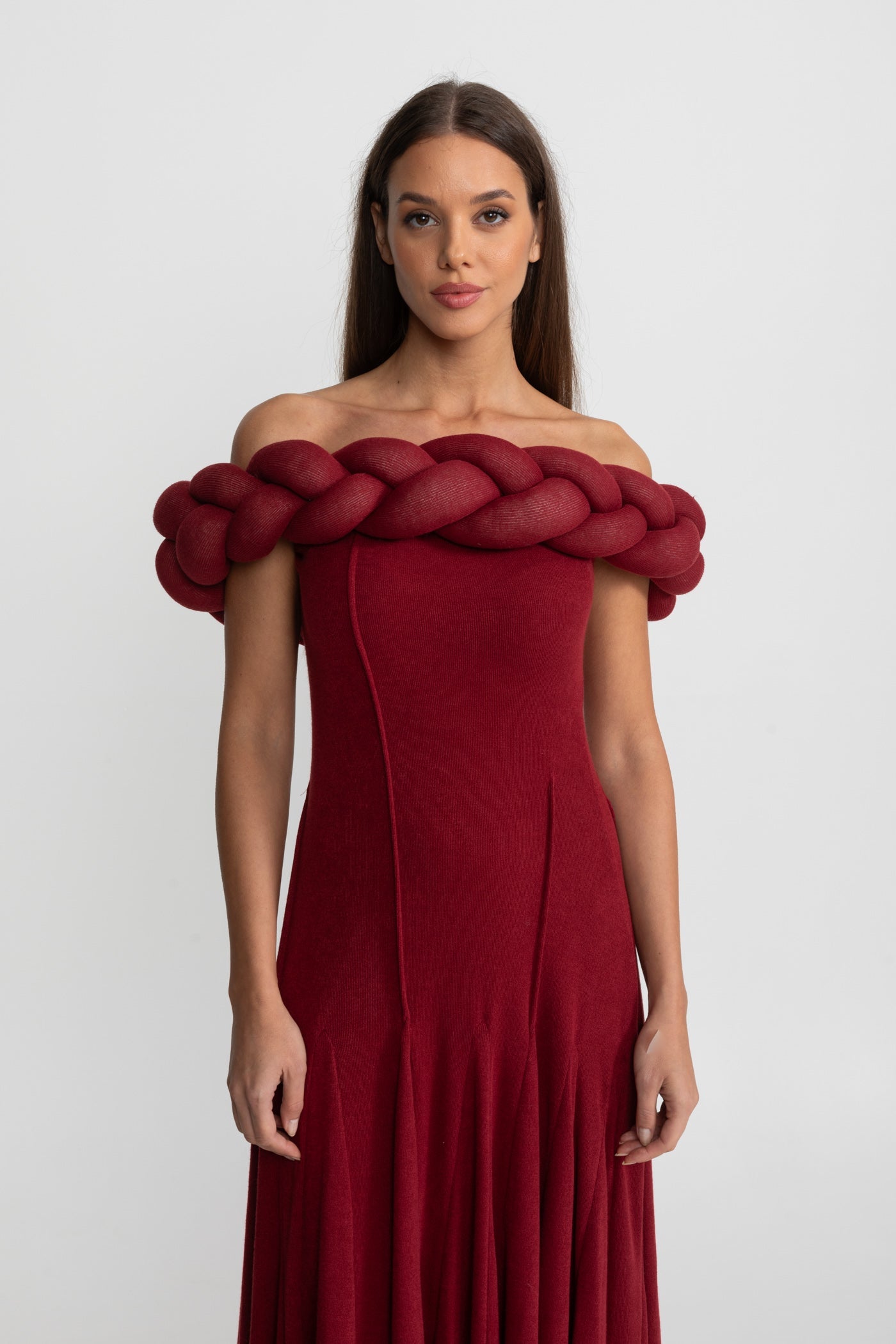 Off-Shoulder Braided Neckline Maxi Dress – Deep Red