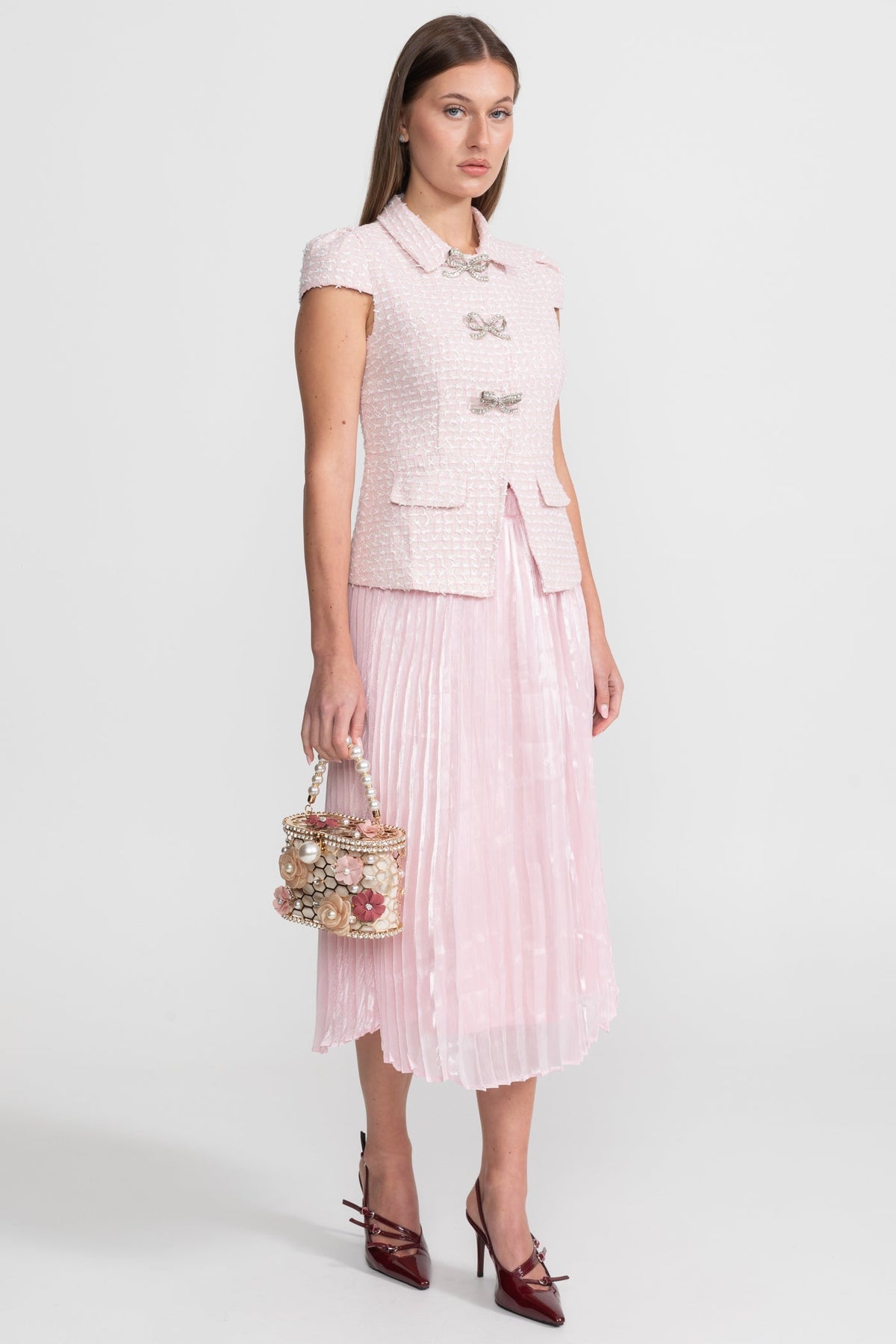 Flavie Pink Tweed and Organza Co-ord Set with Crystal Bow Buttons