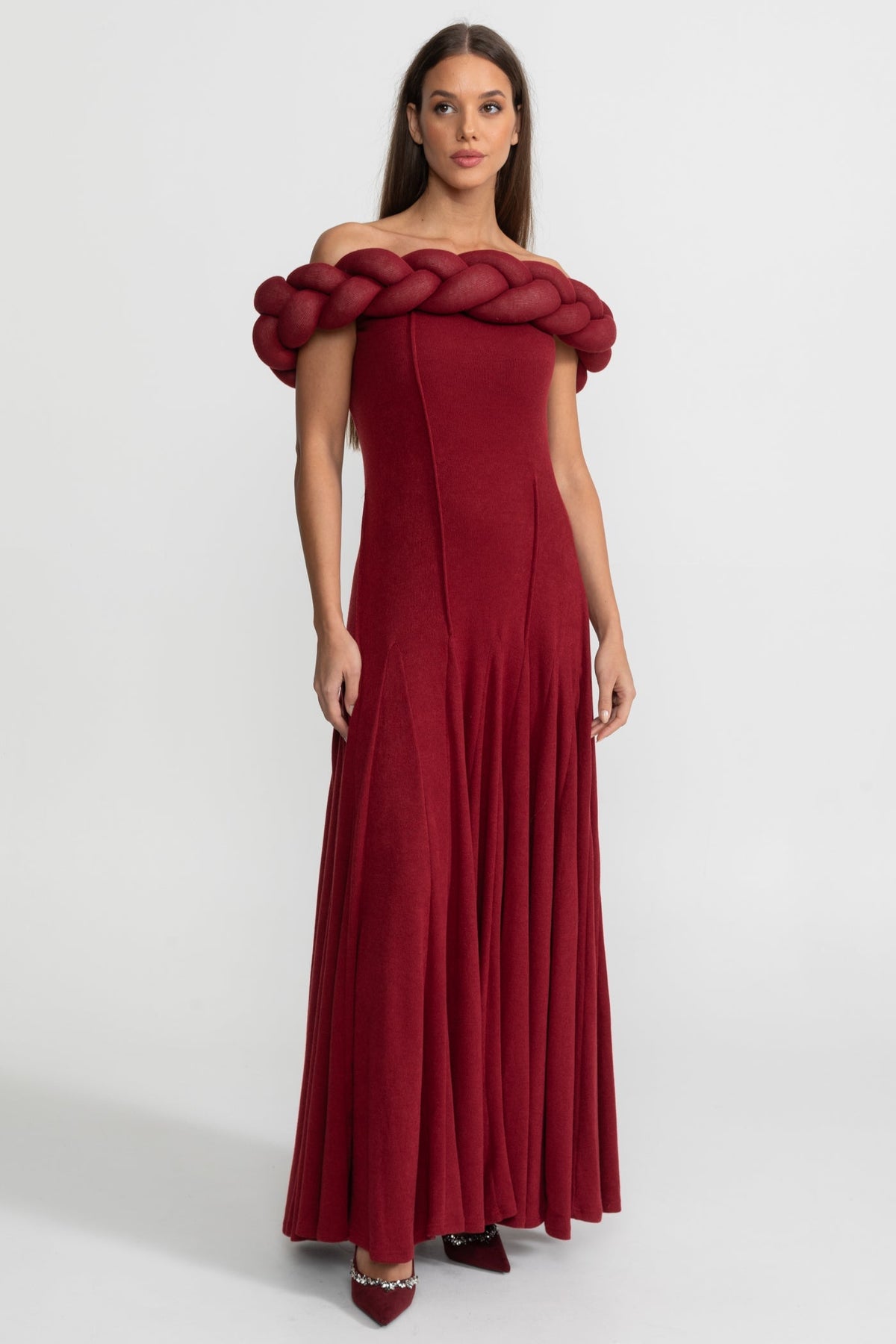 Off-Shoulder Braided Neckline Maxi Dress – Deep Red