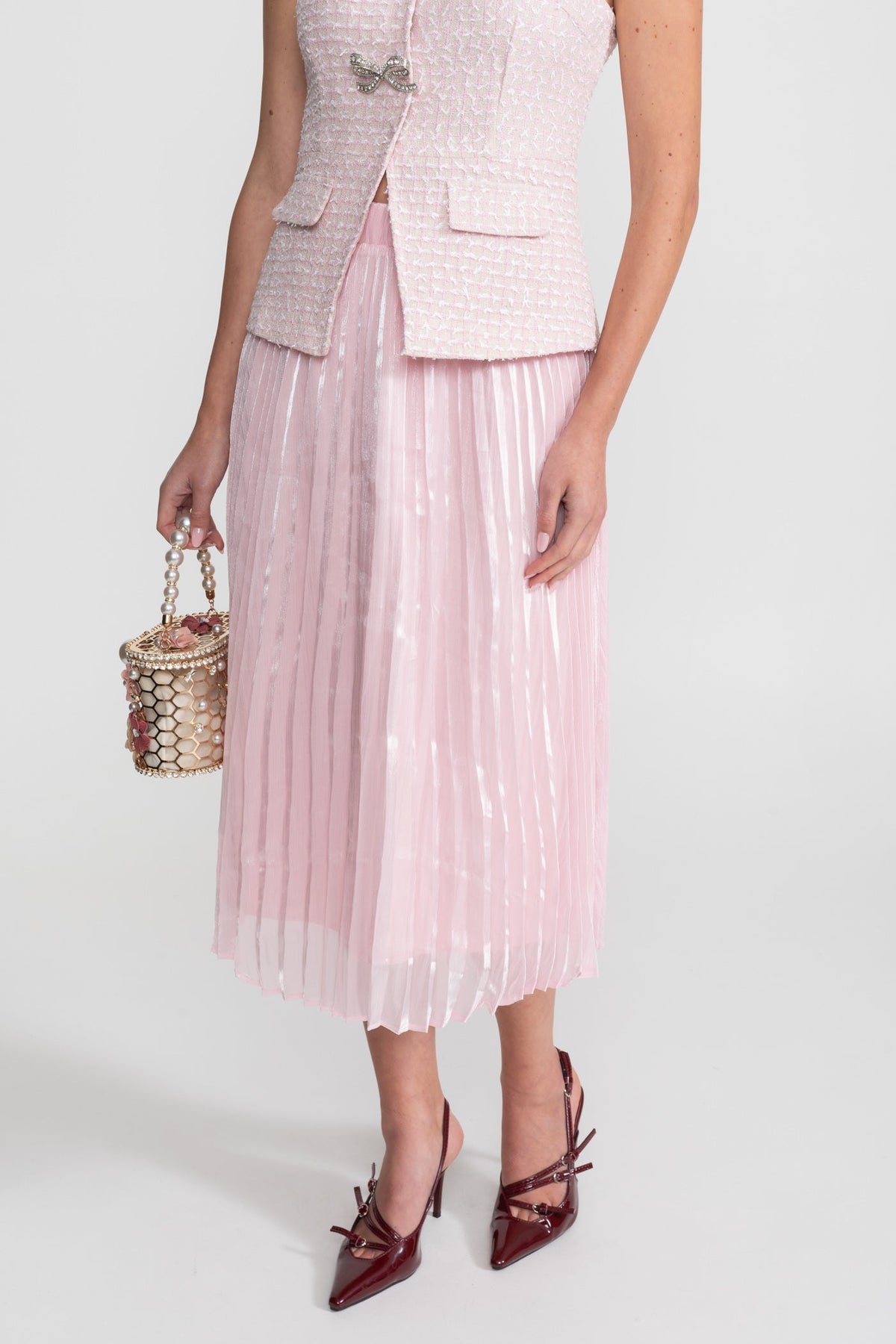 Flavie Pink Tweed and Organza Co-ord Set with Crystal Bow Buttons