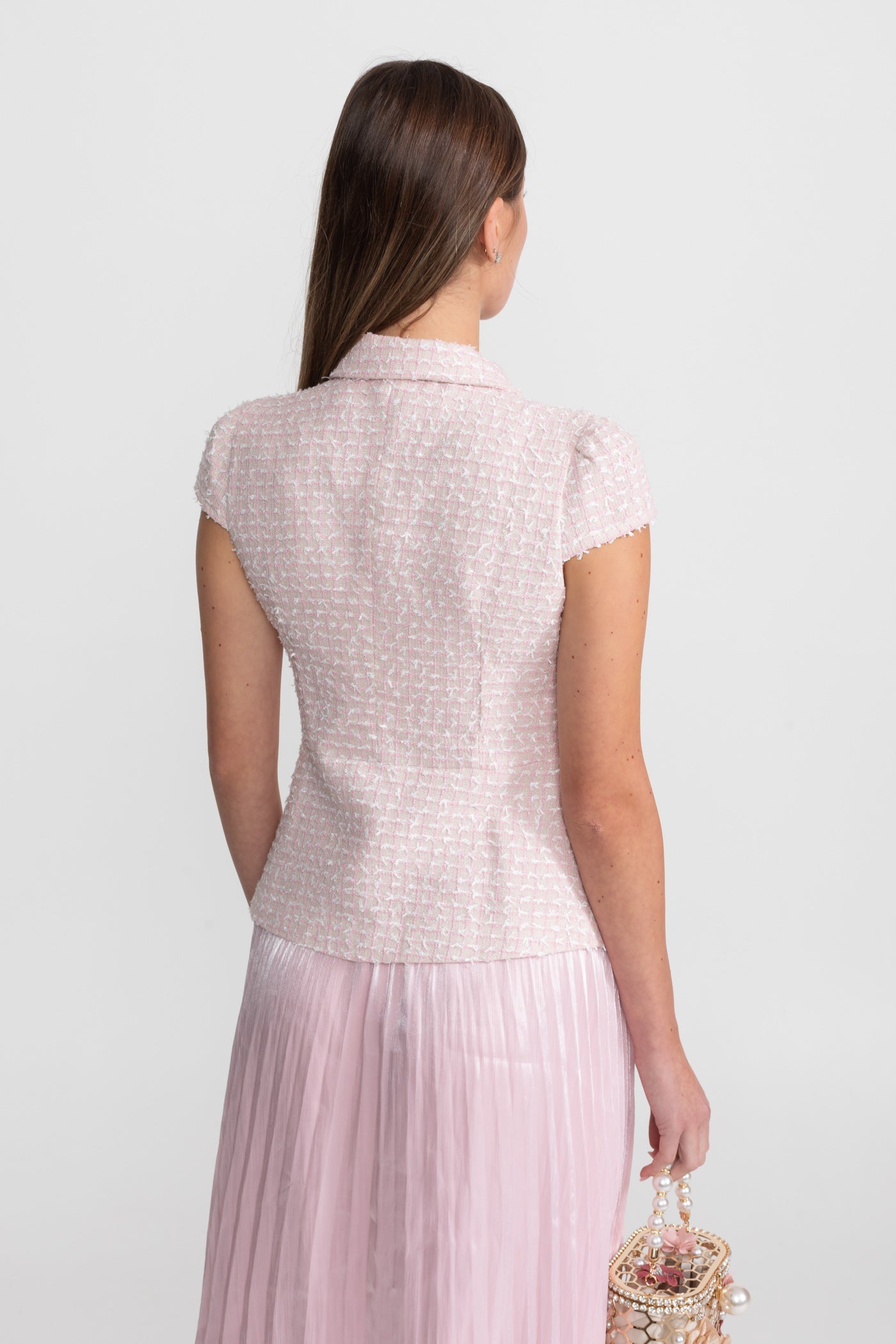 Tweed and Organza Co-ord Set with Crystal Bow Buttons - Pink