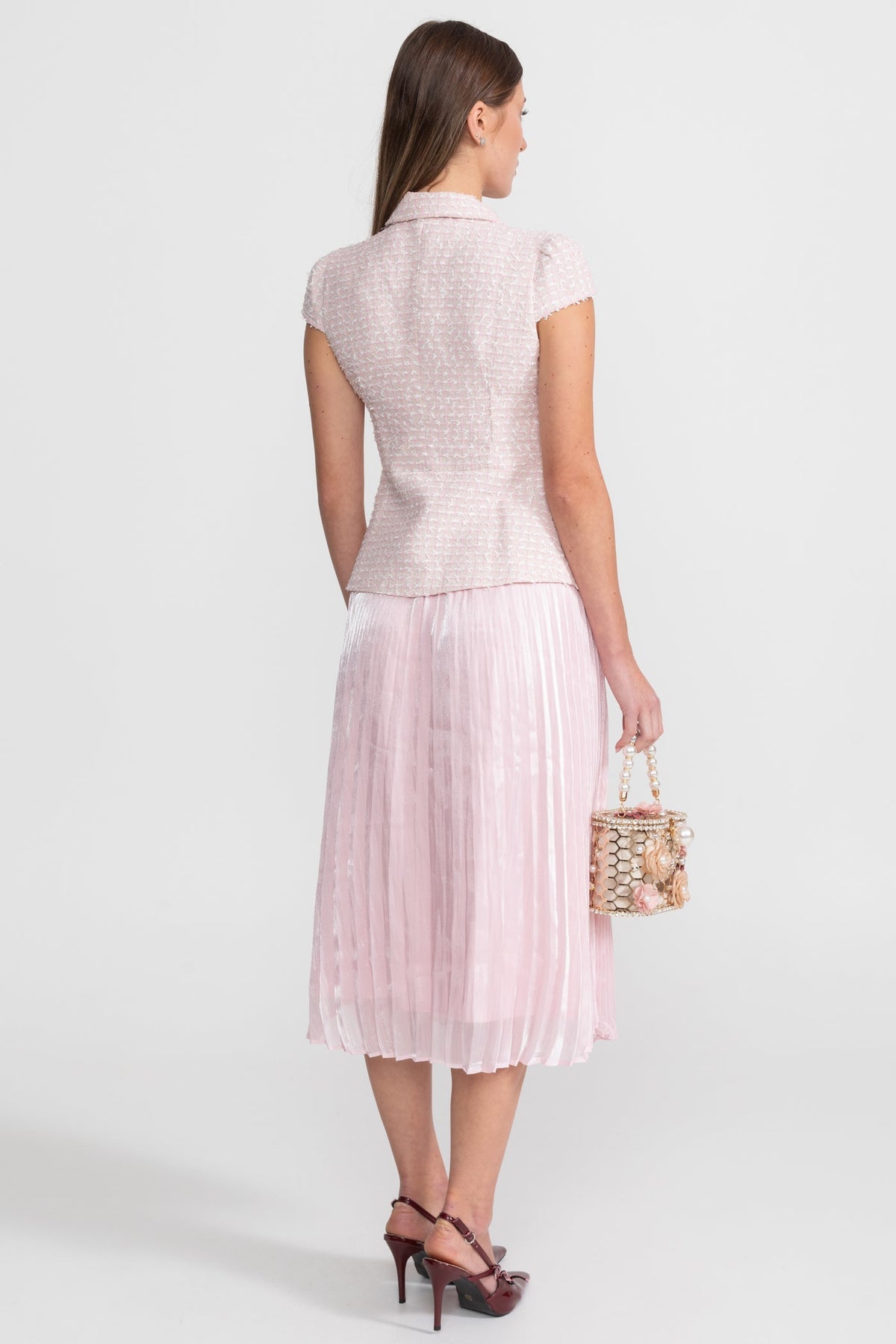 Flavie Pink Tweed and Organza Co-ord Set with Crystal Bow Buttons