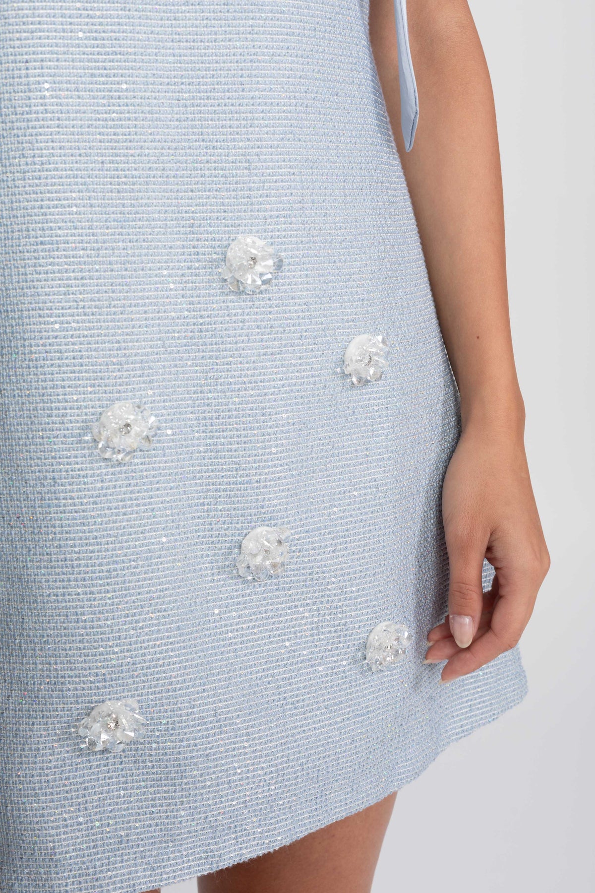 Amelie Light Blue Bow Shoulder Sequin Tweed Mini Dress With Sparkling Flowers