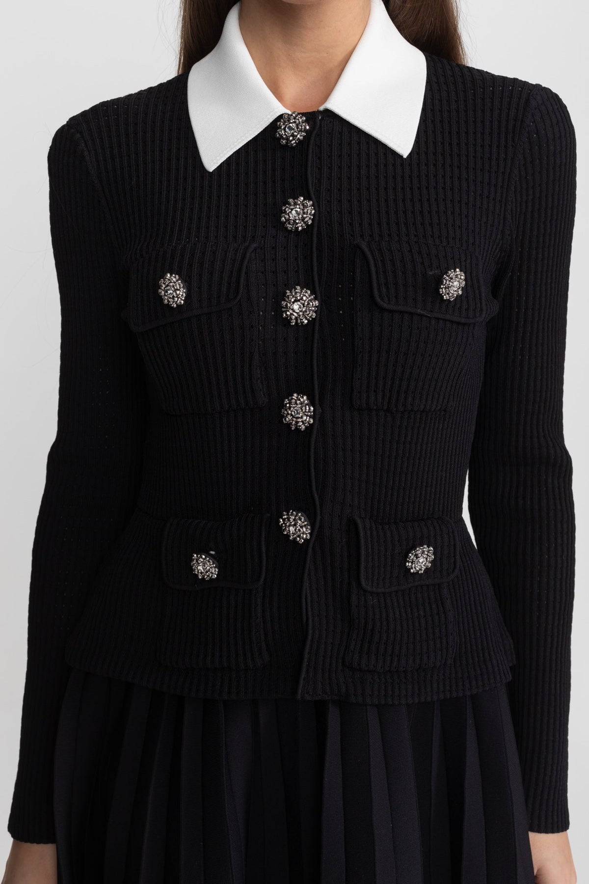Paulette Black Ribbed Knit Mini Dress with Contrast Collar and Pleated Skirt