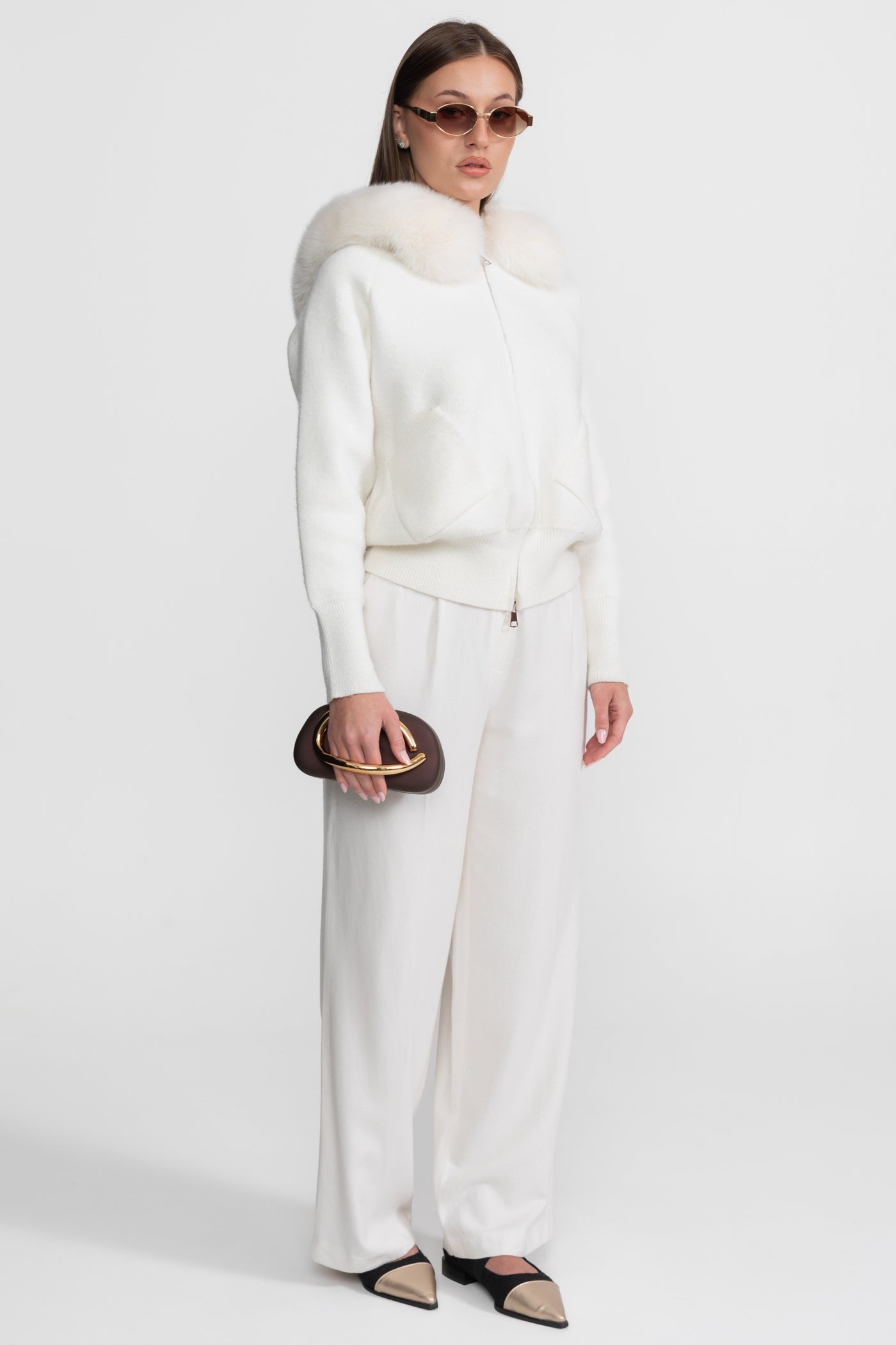 Zip-Up Wool Hoodie With Fox Fur Collar – White