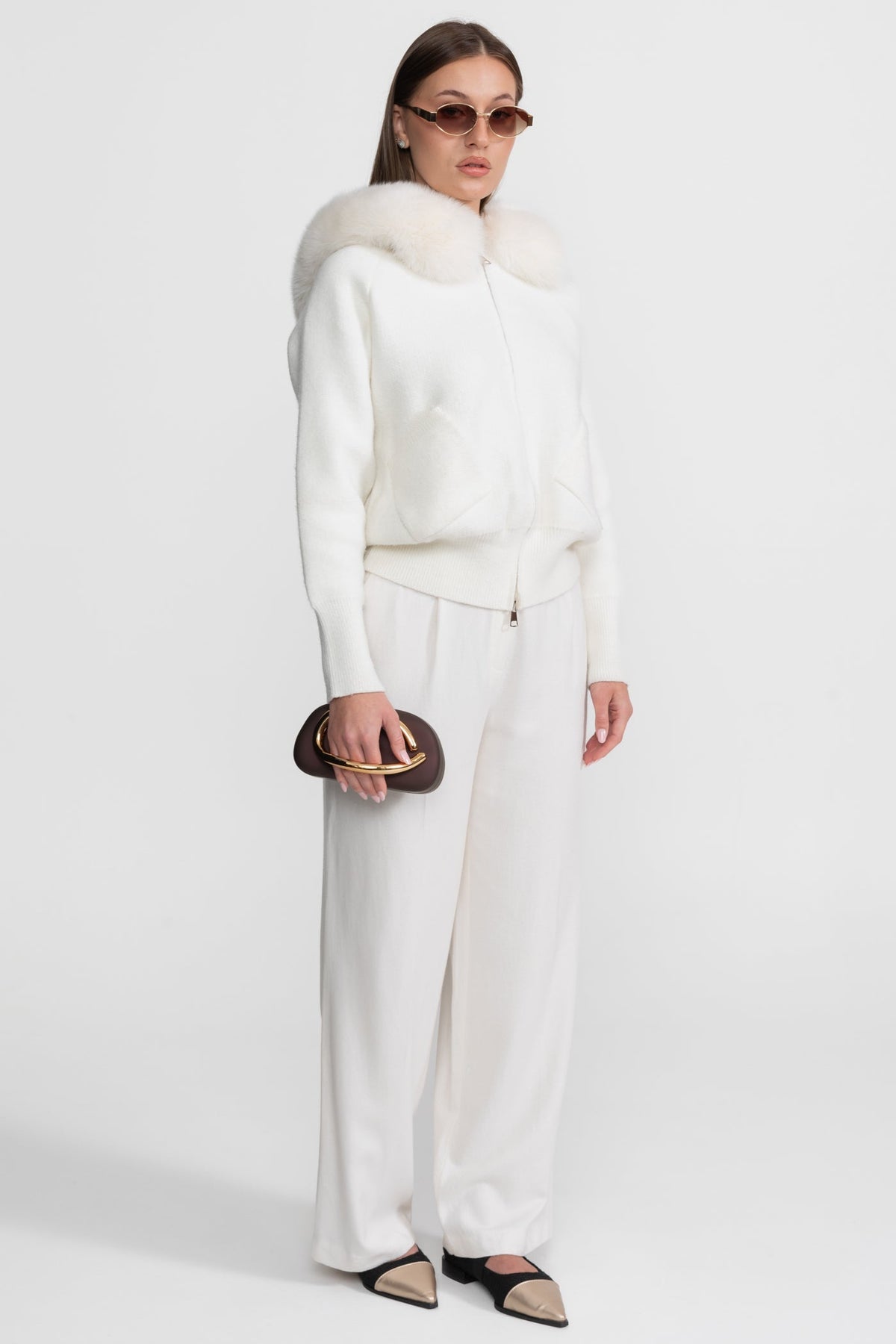 Valeriane Ivoire Zip-Up Wool Hoodie With Fox Fur Collar