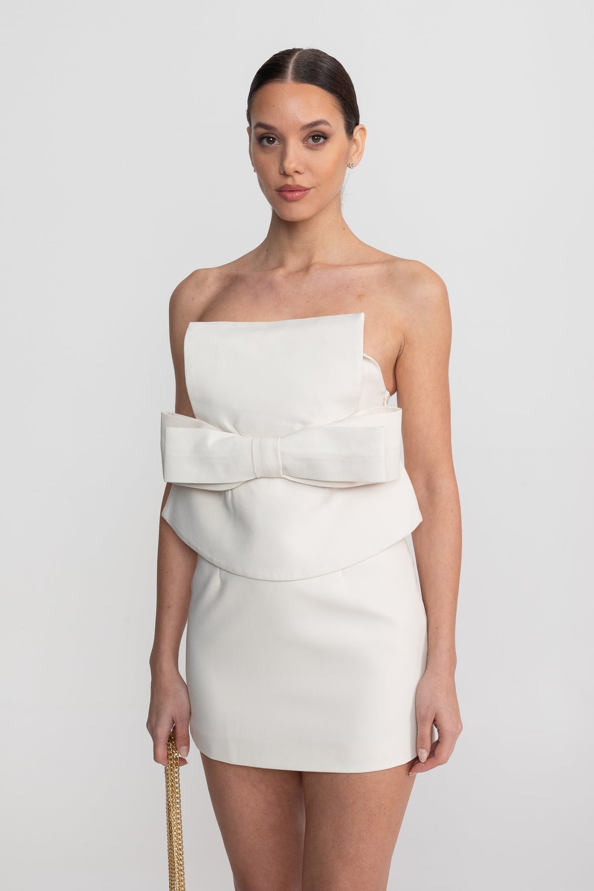 Strapless Mini Dress With Oversized Bow Waist And Peplum Overlay - White