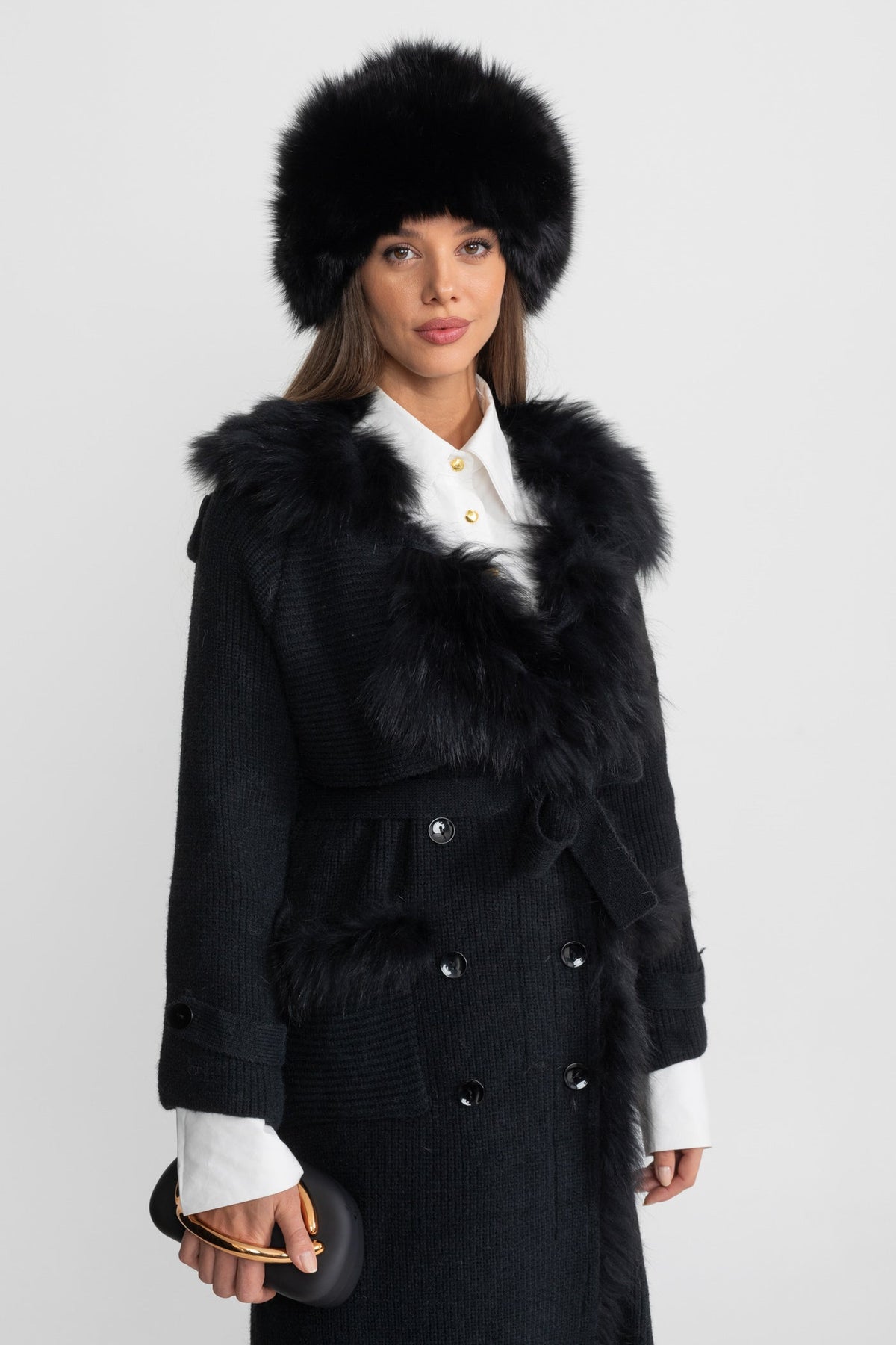 Ariadne Black Double-Breasted Wool Knit Overcoat With Fur Trim