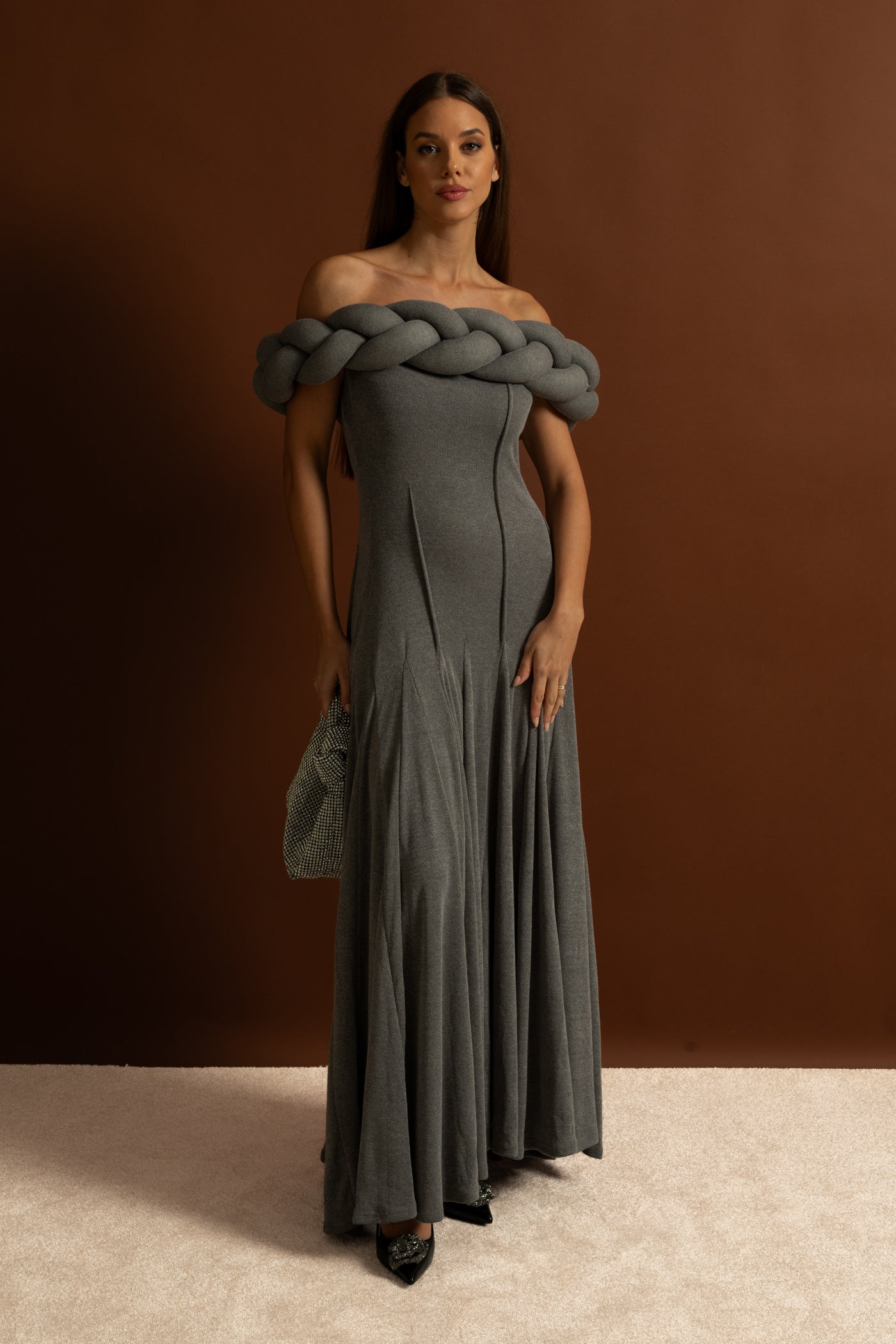 Off-Shoulder Braided Neckline Maxi Dress – Grey