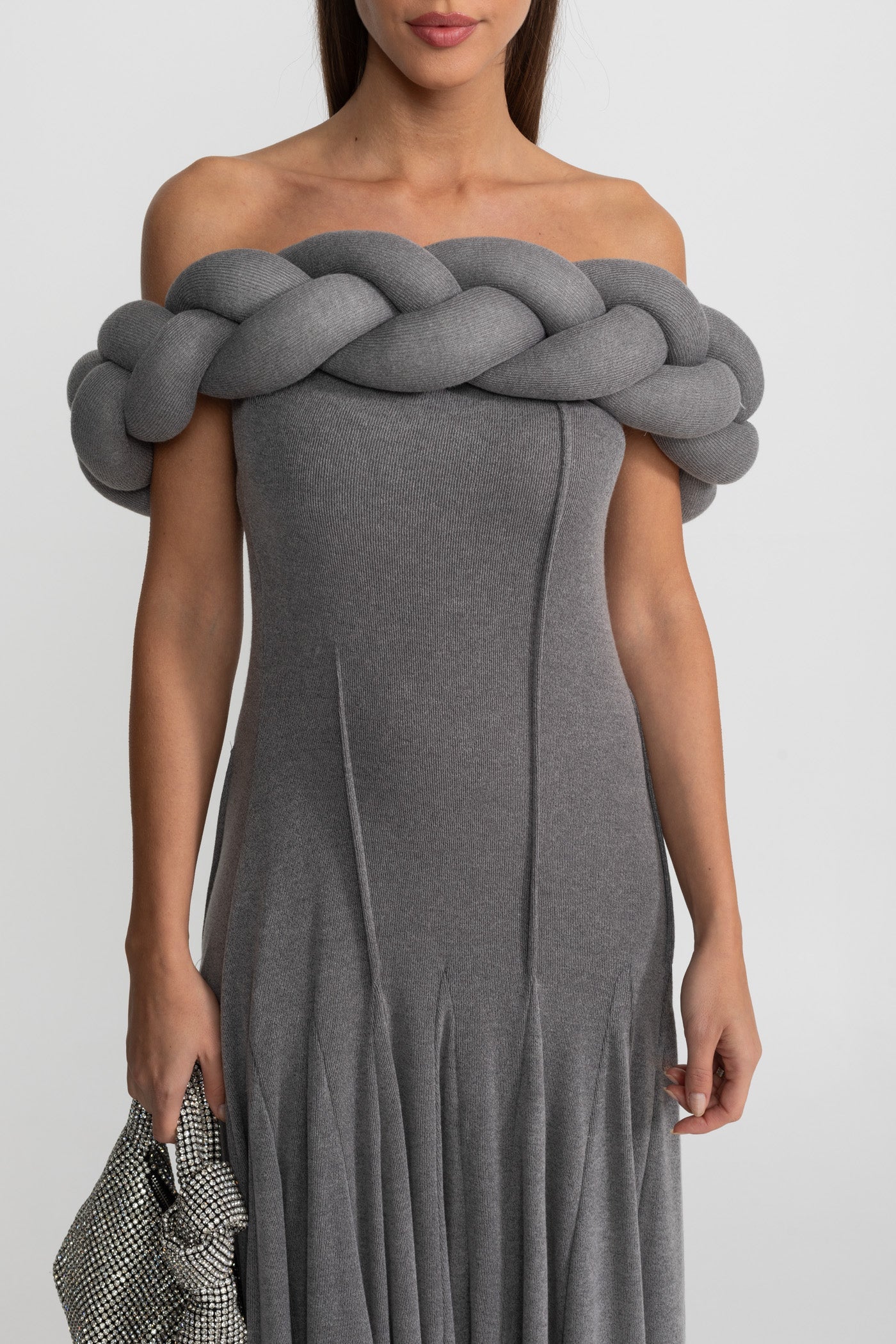 Off-Shoulder Braided Neckline Maxi Dress – Grey