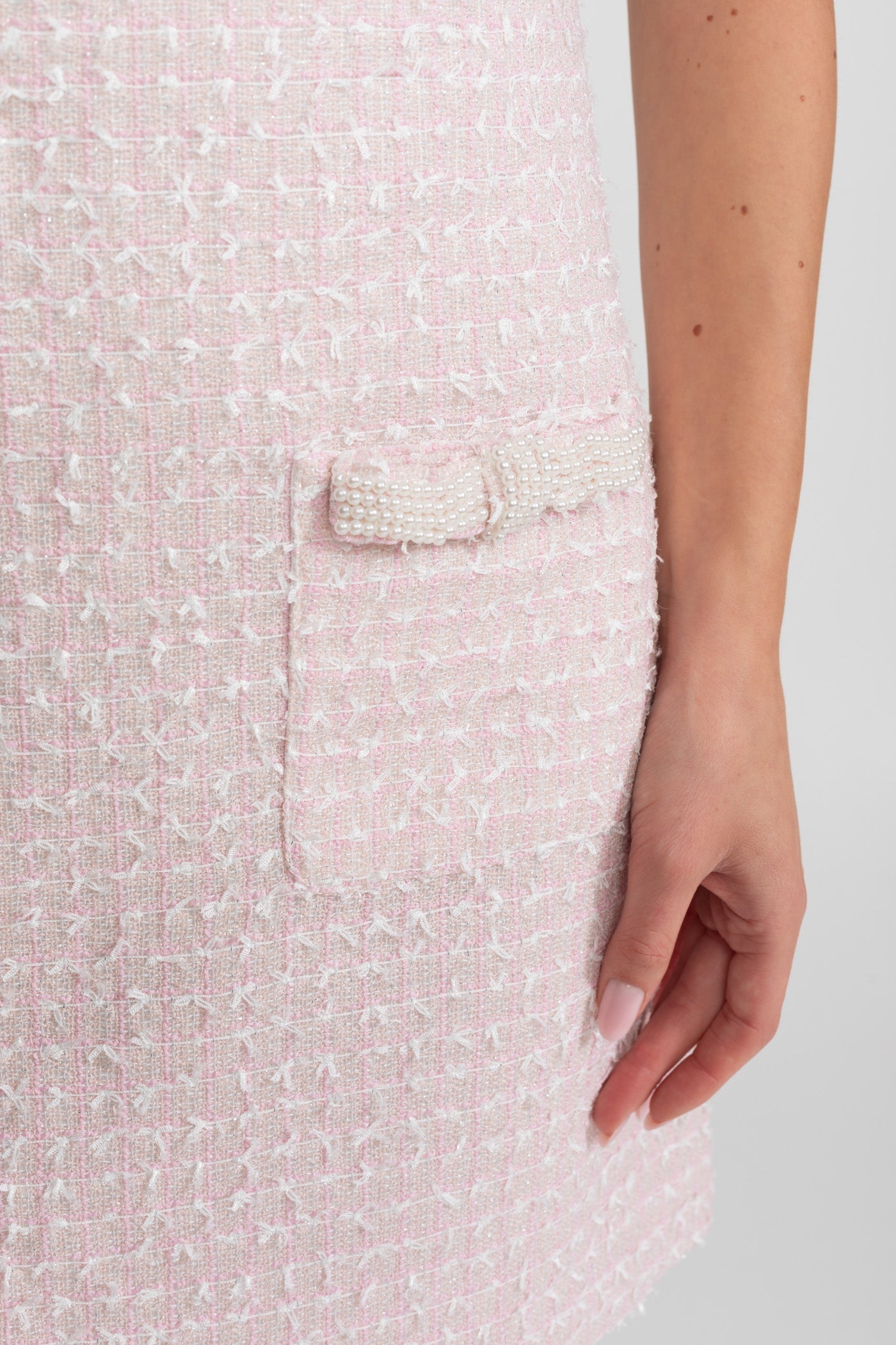 Clemence Light Pink Embellished Tweed Mini Dress With Delicate Pearl Trim