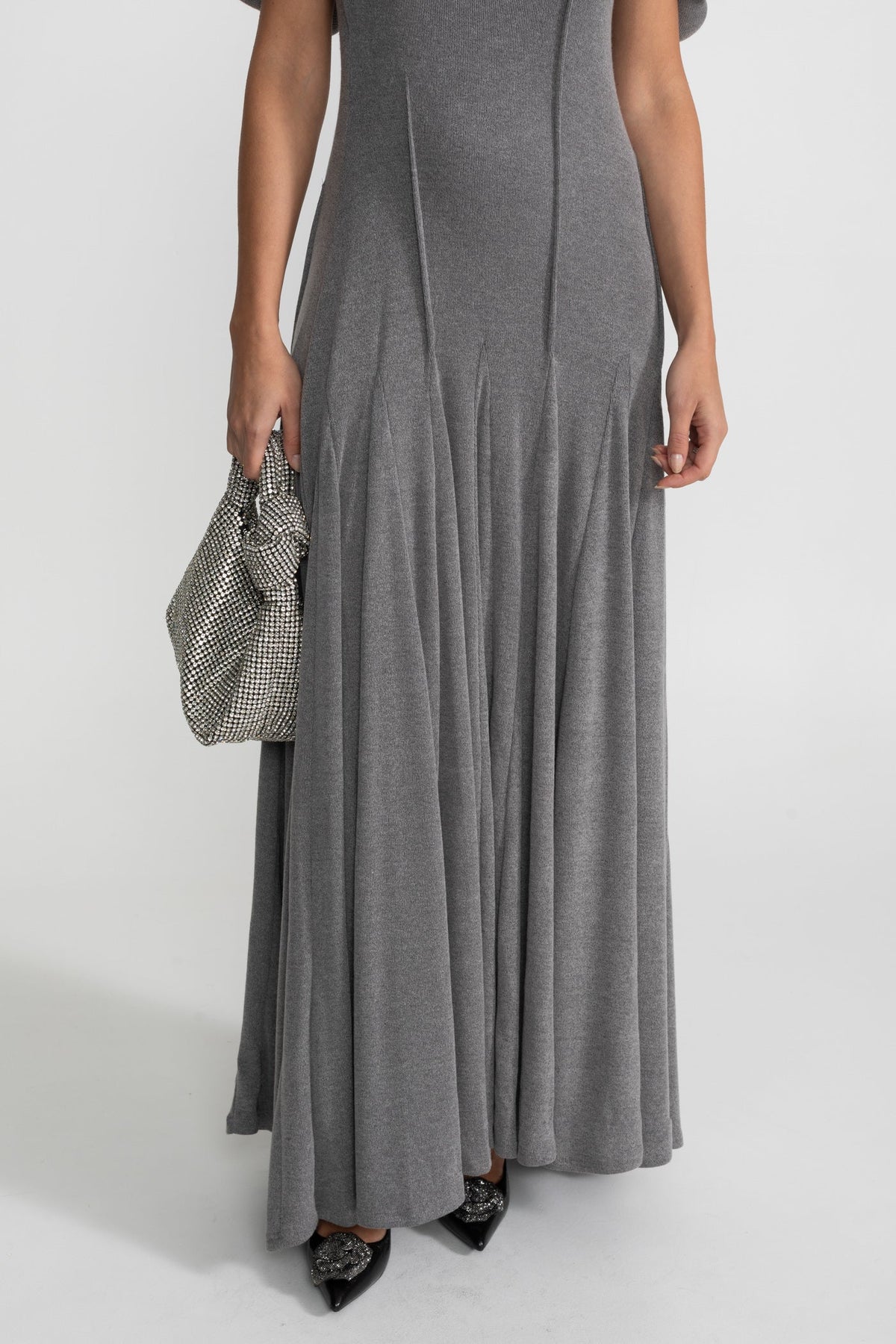 Off-Shoulder Braided Neckline Maxi Dress – Grey