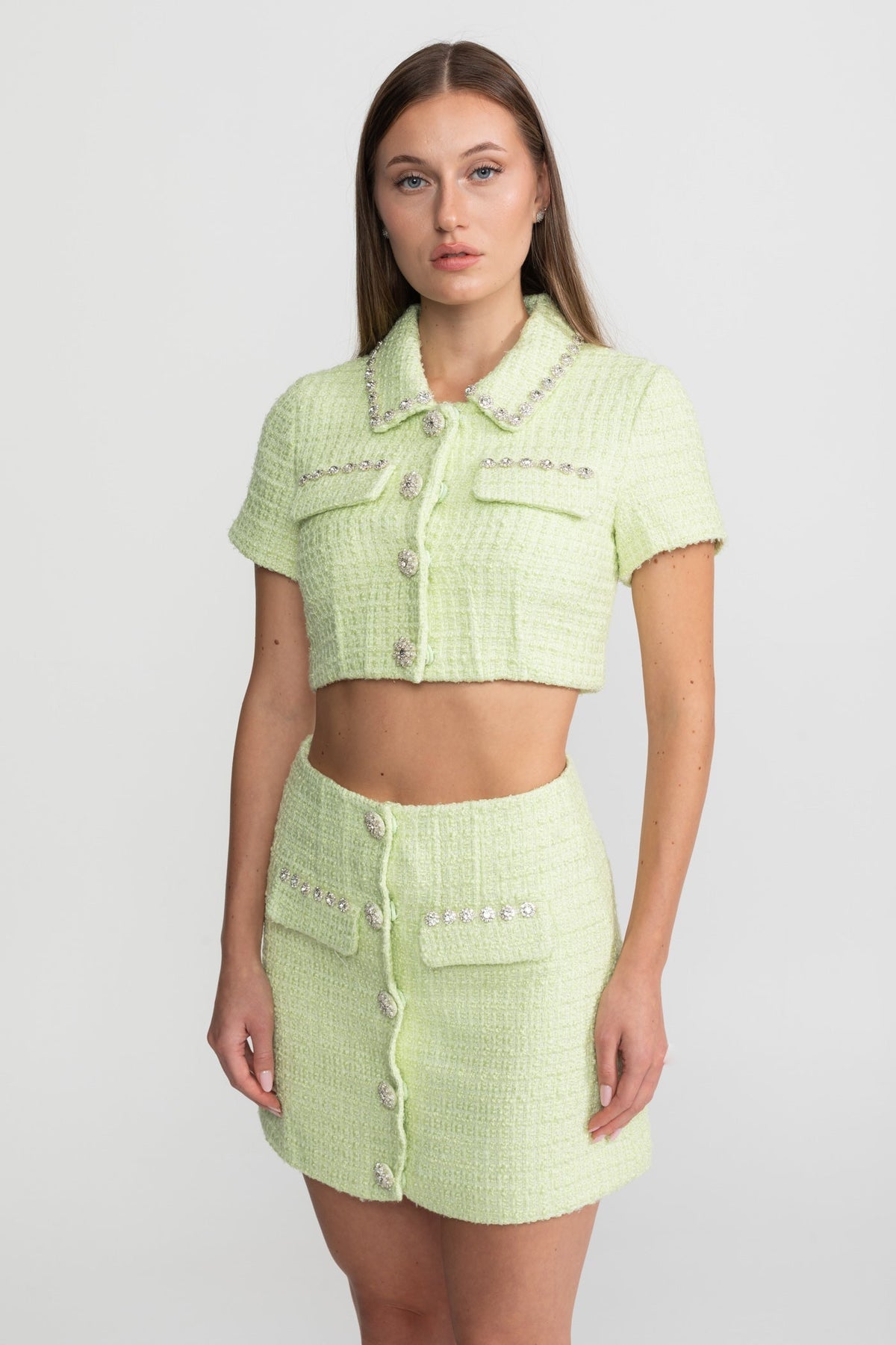 Crystal-Trim Tweed Co-ord Set – Lime