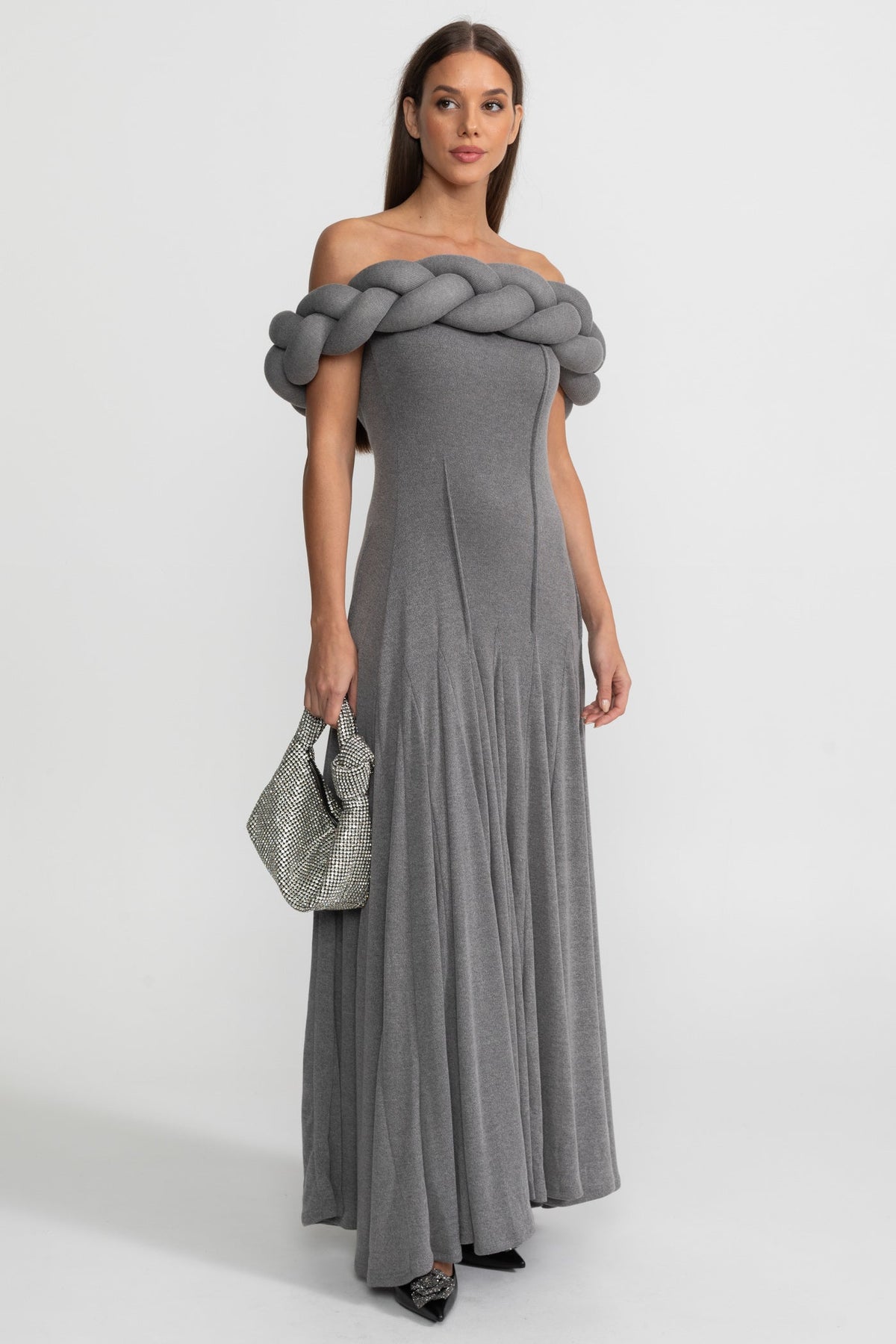 Off-Shoulder Braided Neckline Maxi Dress – Grey