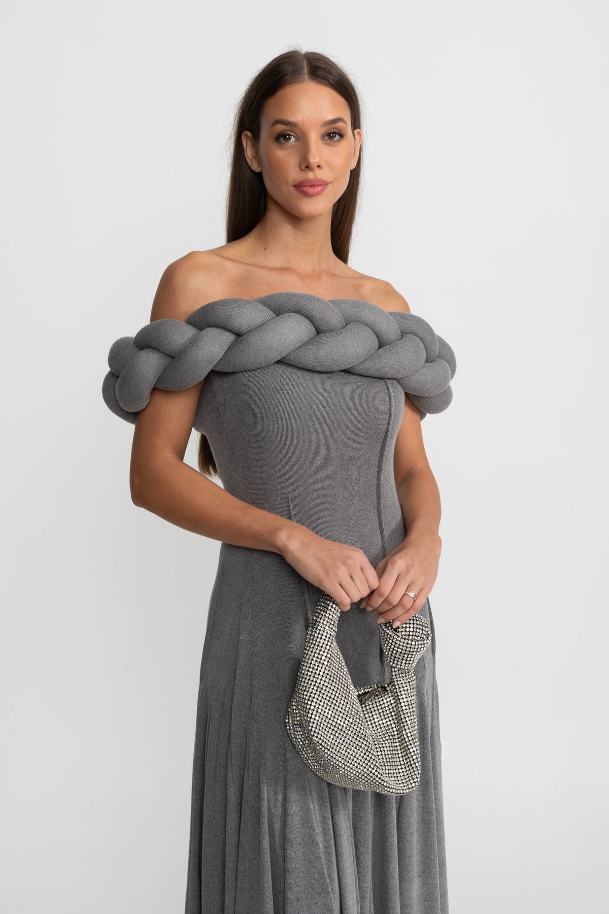 Off-Shoulder Braided Neckline Maxi Dress – Grey