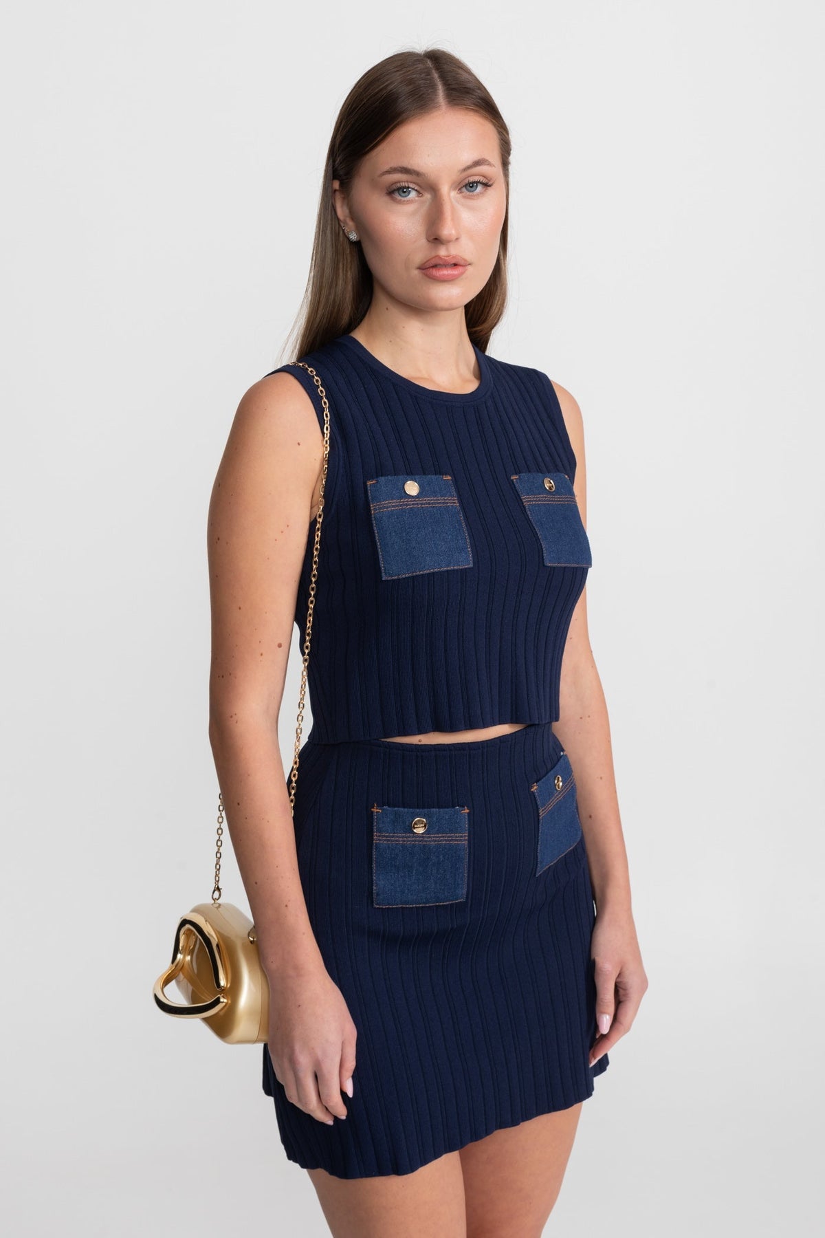 Melisande Dark Blue Ribbed Knit Co-ord Set with Contrast Denim Pockets
