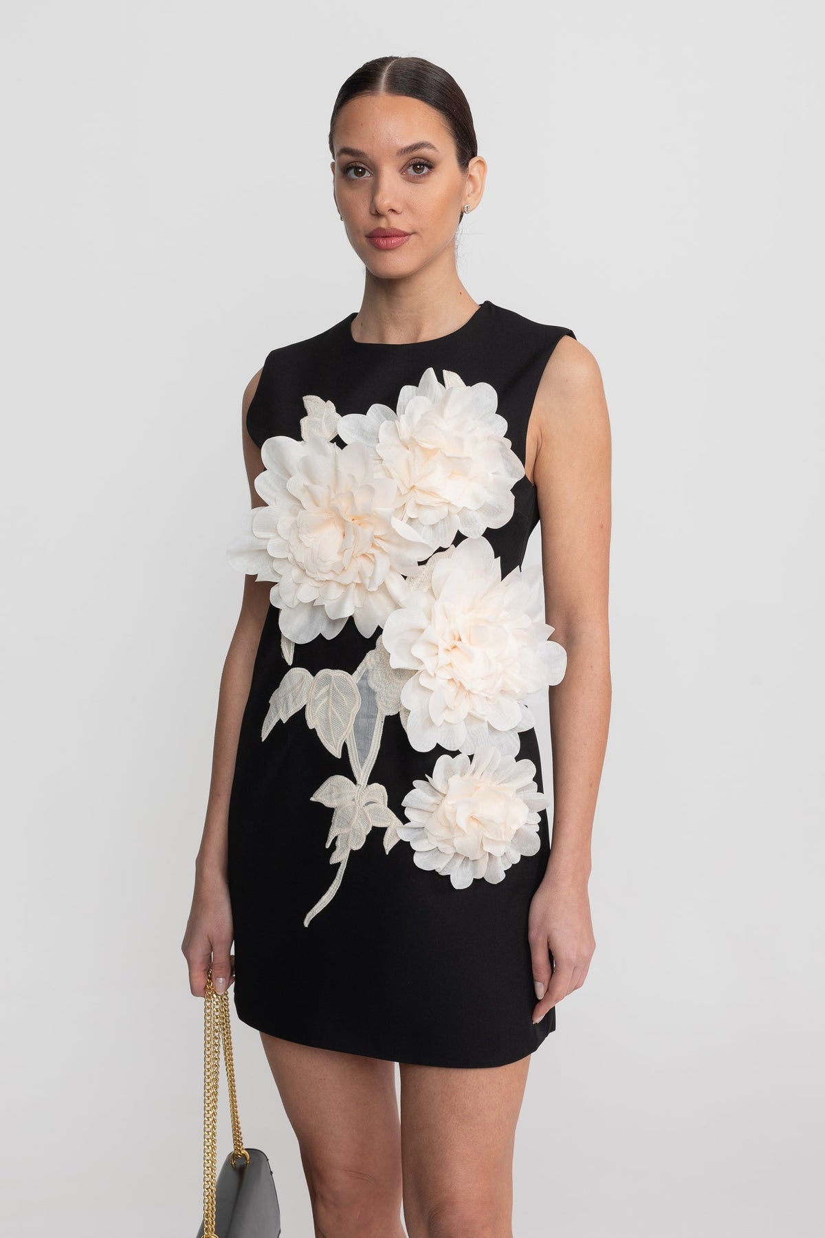 Sleeveless Mini Dress With Round Neckline And 3D Floral Appliqué - Black