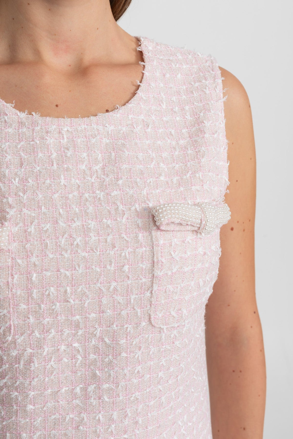 Clemence Light Pink Embellished Tweed Mini Dress With Delicate Pearl Trim