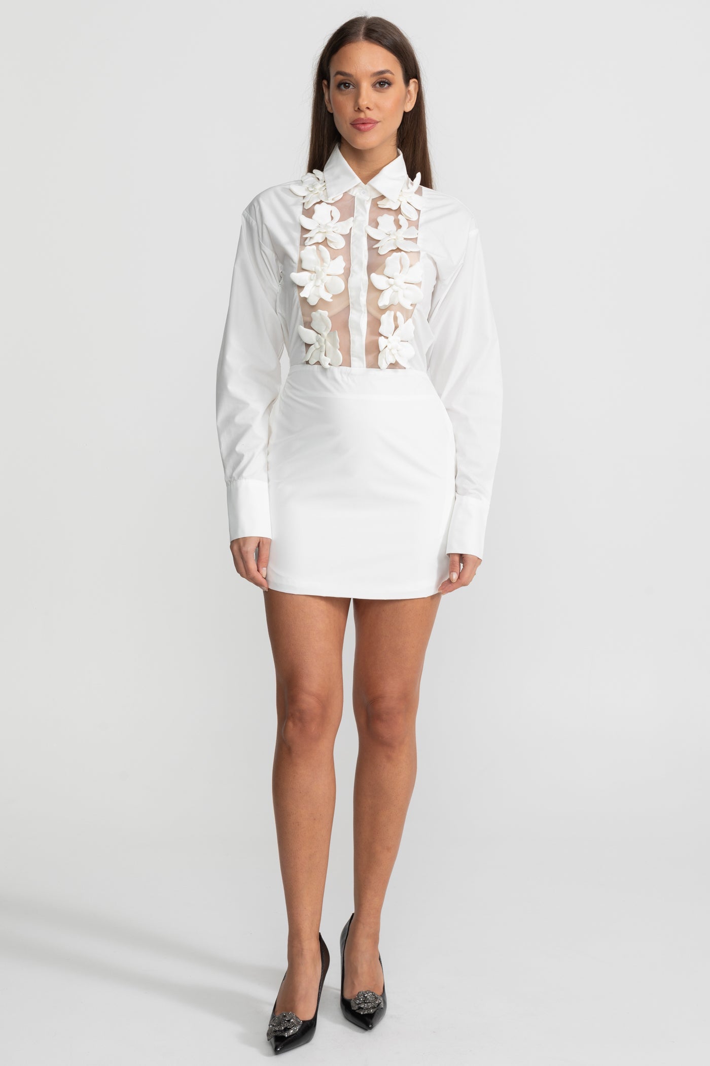 Sheer Panel Mini Shirt Dress With 3D Floral Appliqué – White