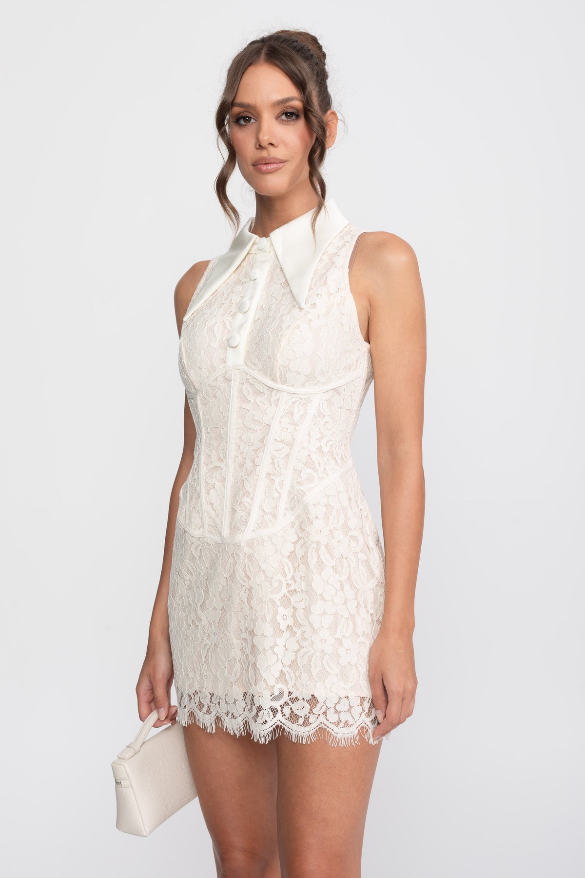 Lace Corset Collared Mini Dress With Buttoned Front - Ivoire