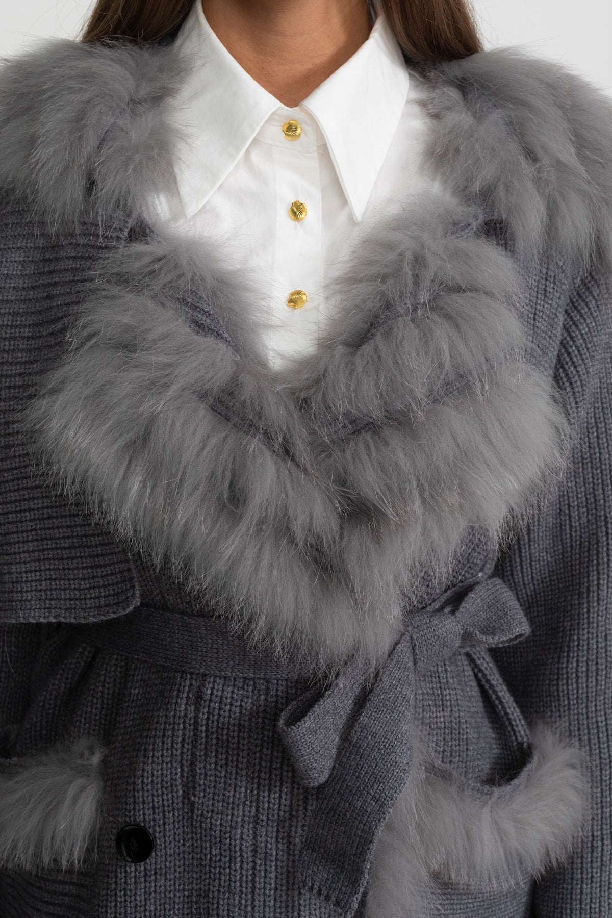 Ariadne Grey Double-Breasted Wool Knit Overcoat With Fur Trim