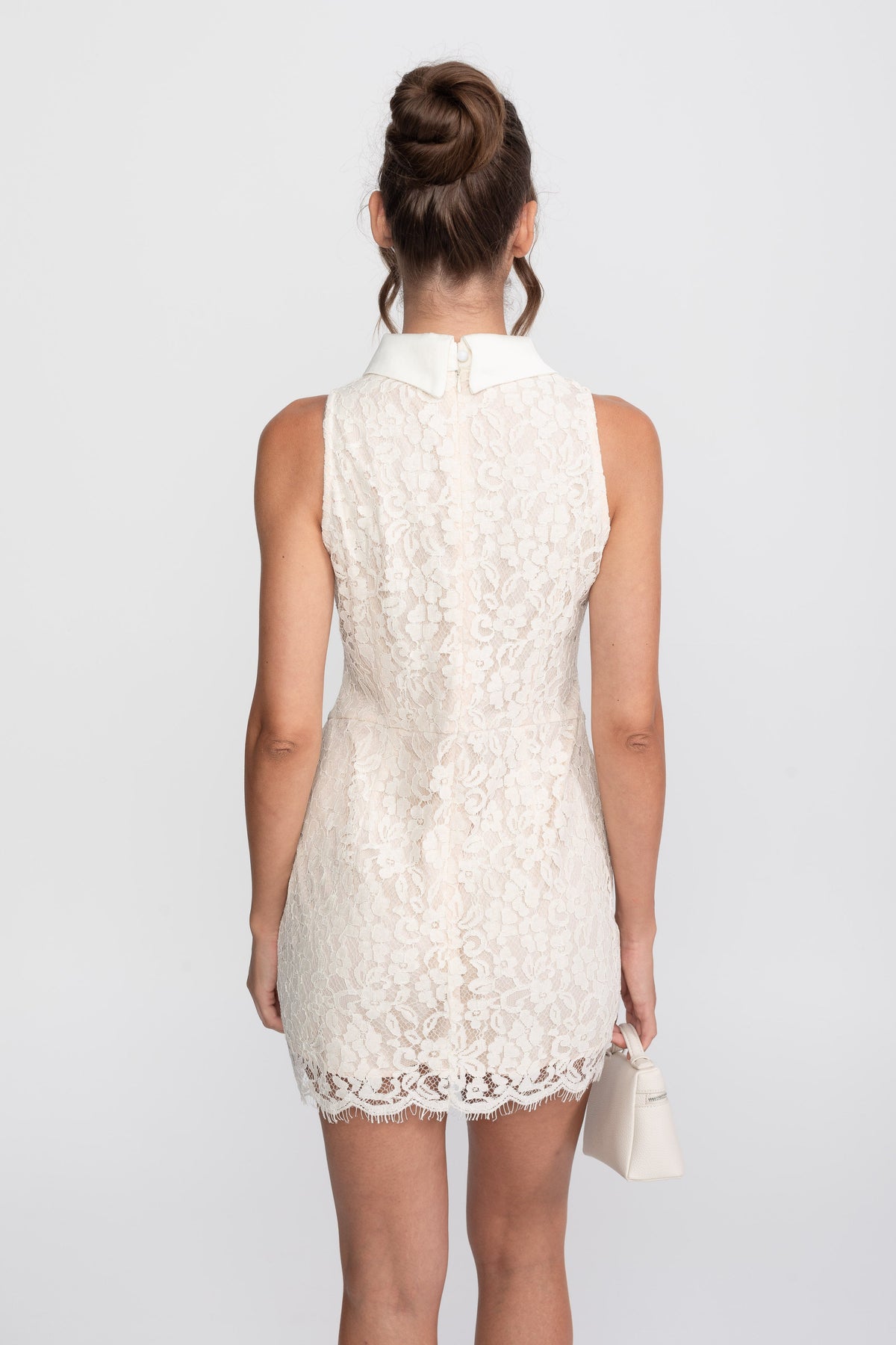 Lace Corset Collared Mini Dress With Buttoned Front - Ivoire