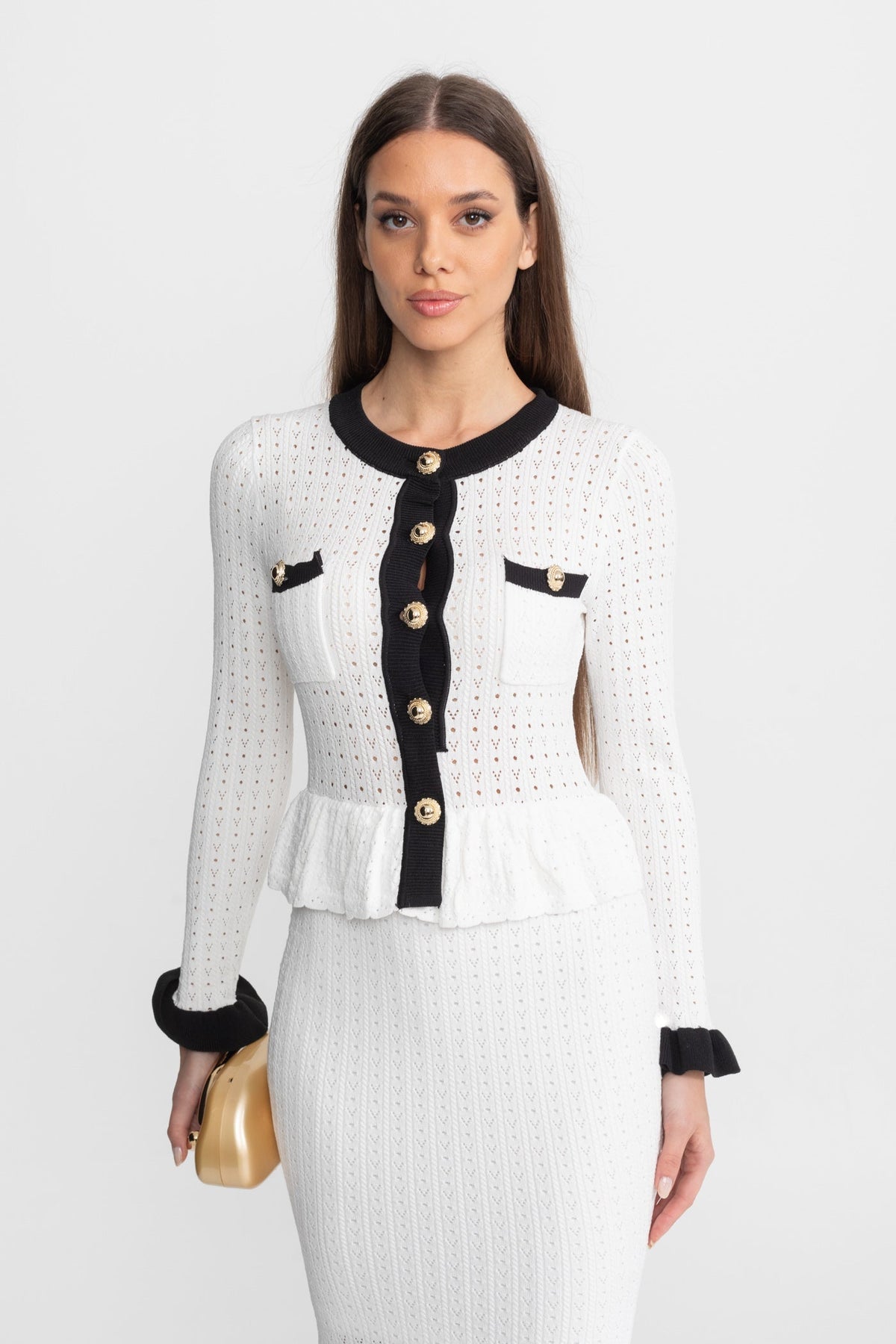 Maelle White Pointelle Knit Midi Co-Ord with Contrast Trim