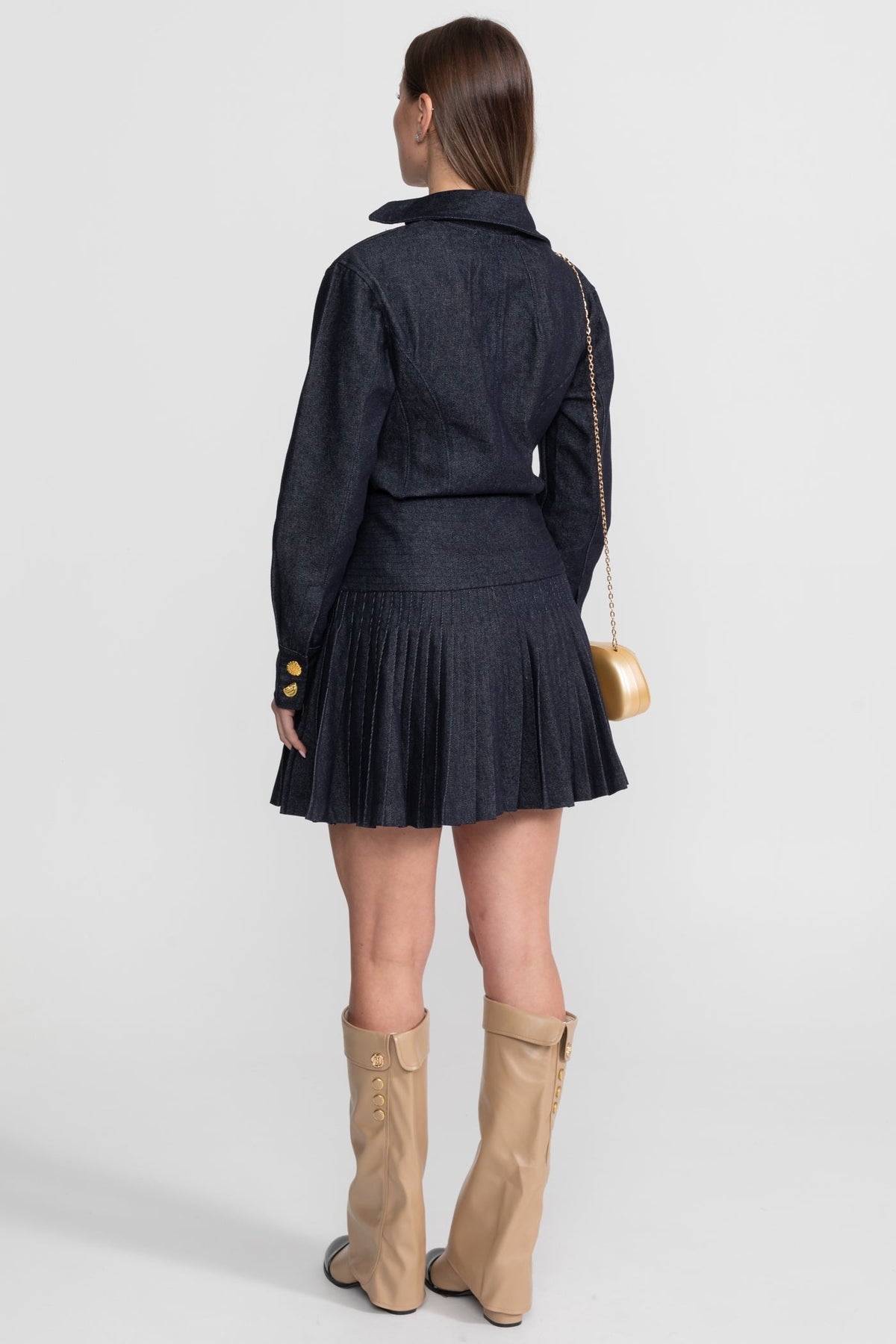 Denim Co-ord Set with Pleated Skirt and Gold Buttons - Dark Blue