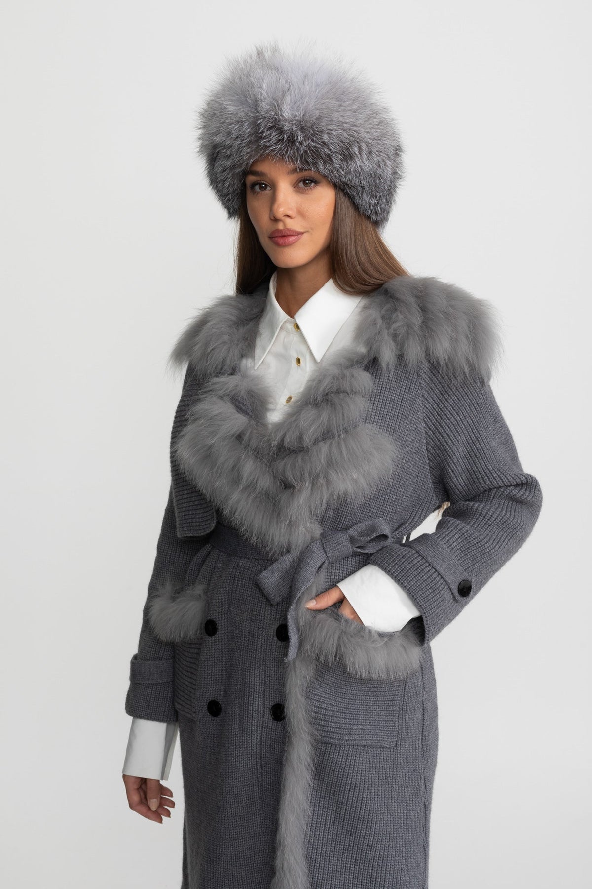 Ariadne Grey Double-Breasted Wool Knit Overcoat With Fur Trim