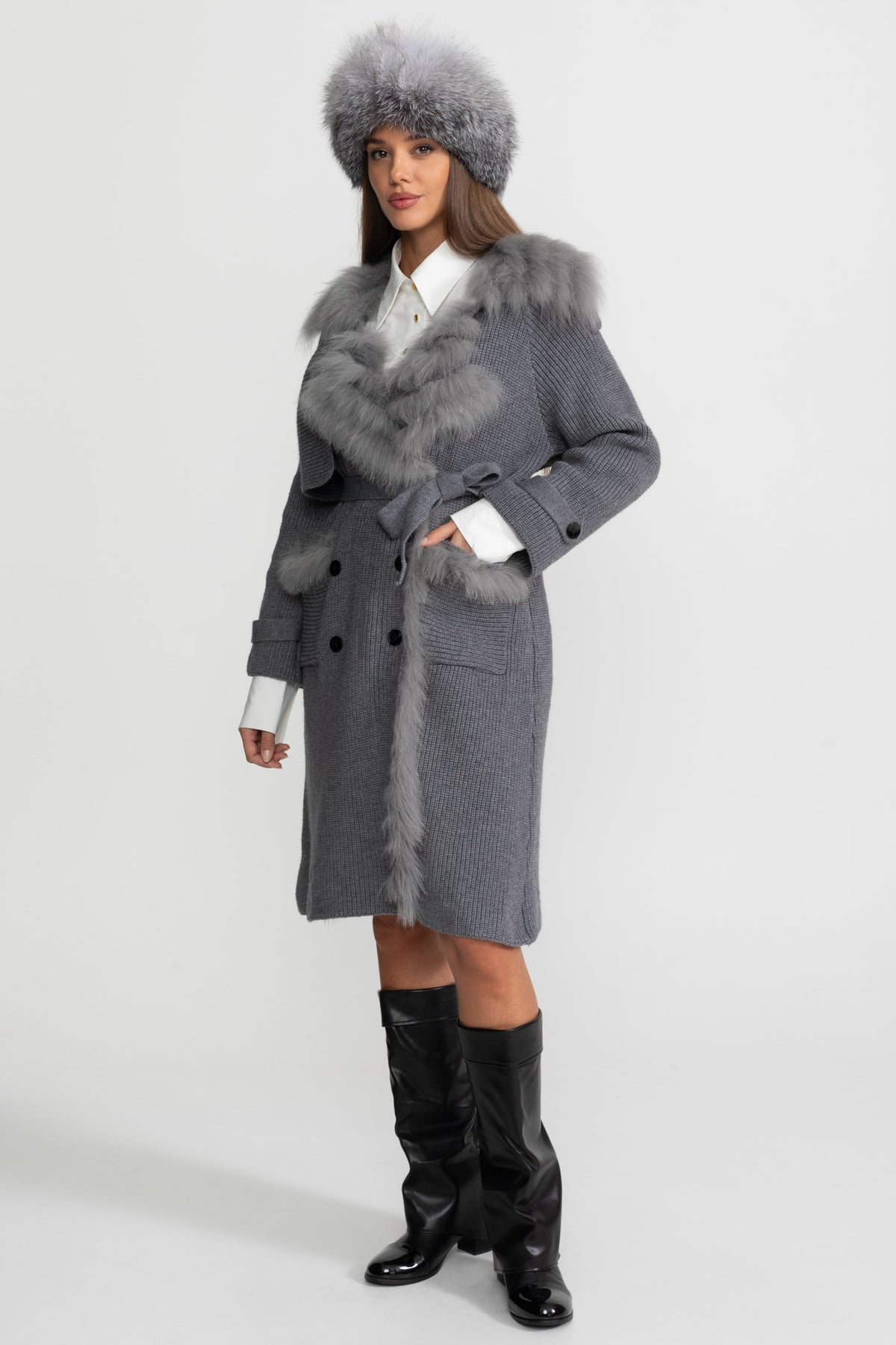 Ariadne Grey Double-Breasted Wool Knit Overcoat With Fur Trim