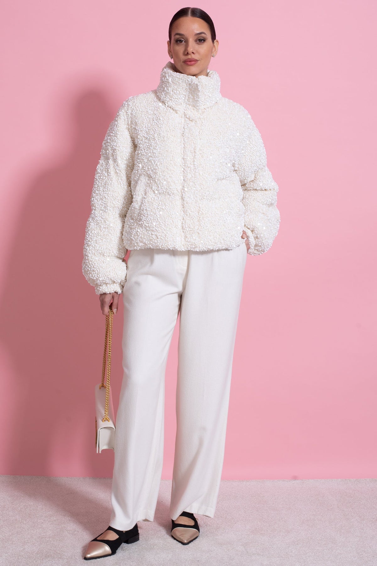 Sequin Puffer Jacket With High Stand Collar – White
