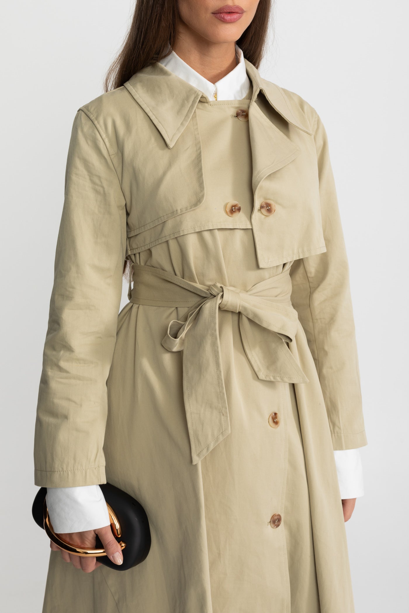 Long Trench Coat with Tie Belt and Asymmetrical Hem - Beige