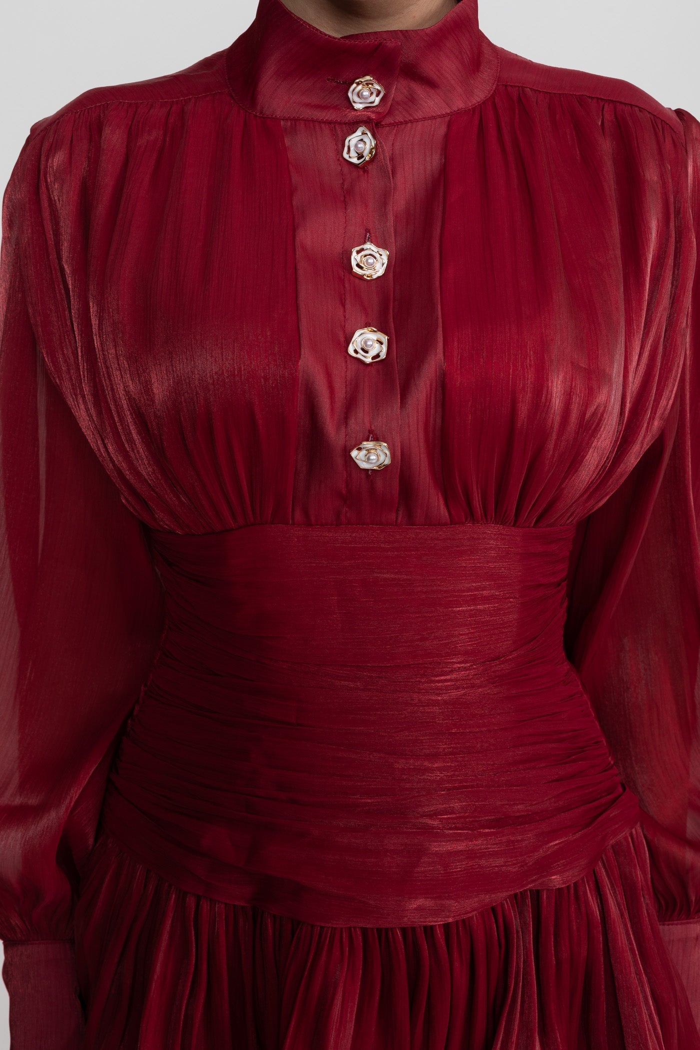 Draped Long Sleeve Mini Dress With Tiered Ruffle Skirt - Red